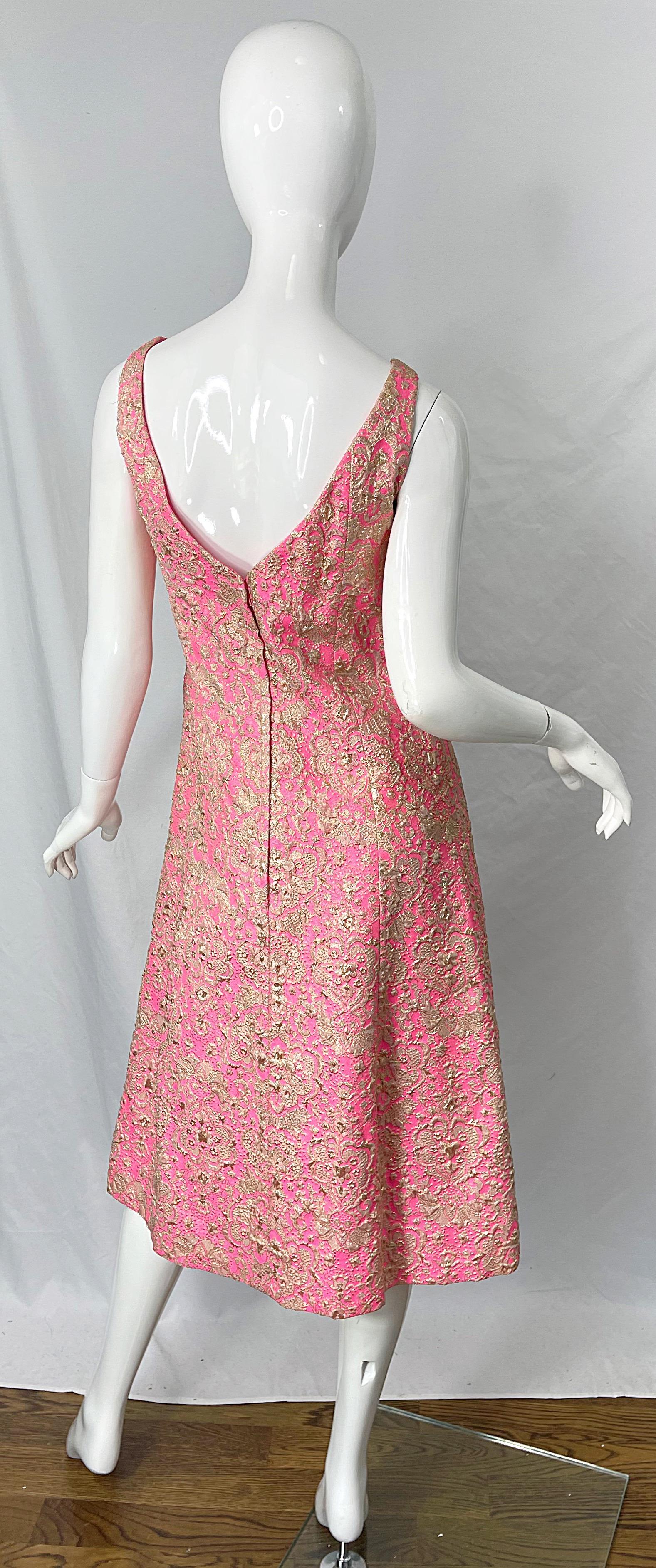 Women's 1960s Saks 5th Avenue Pink + Gold Silk Brocade A Line Dress / Jacket 60s Set