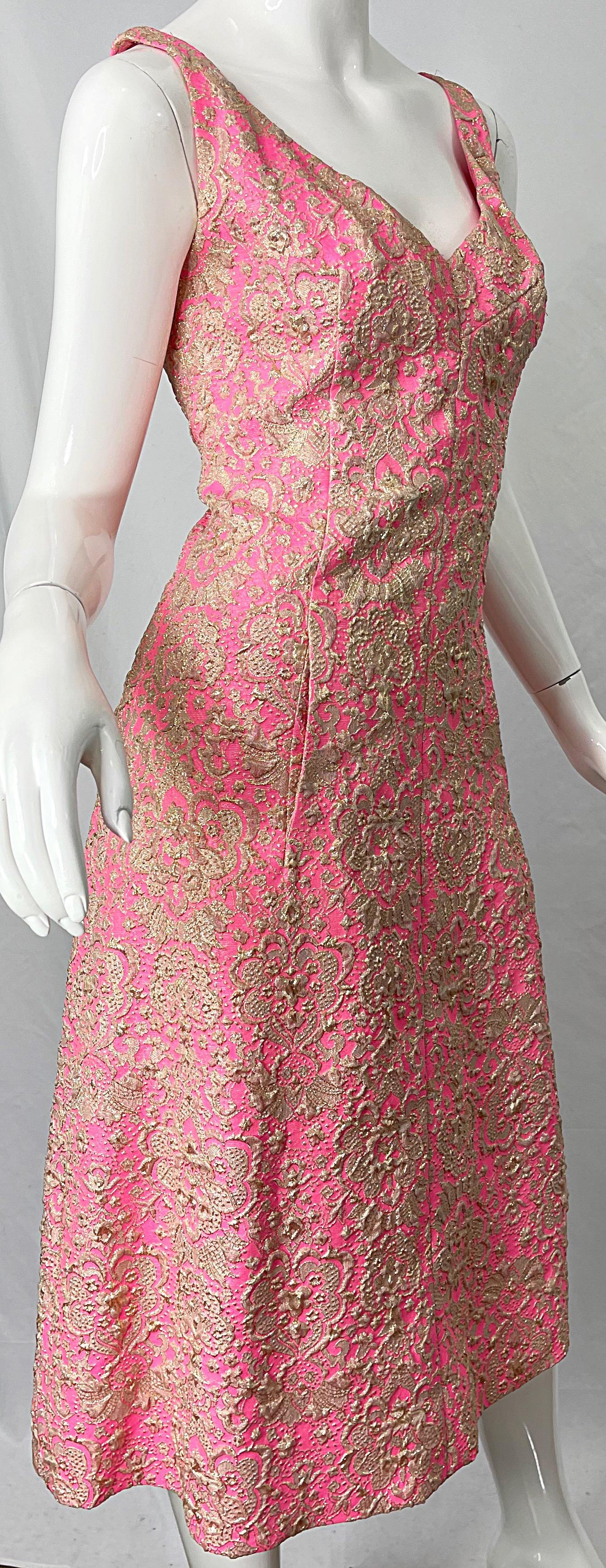1960s Saks 5th Avenue Pink + Gold Silk Brocade A Line Dress / Jacket 60s Set For Sale 1