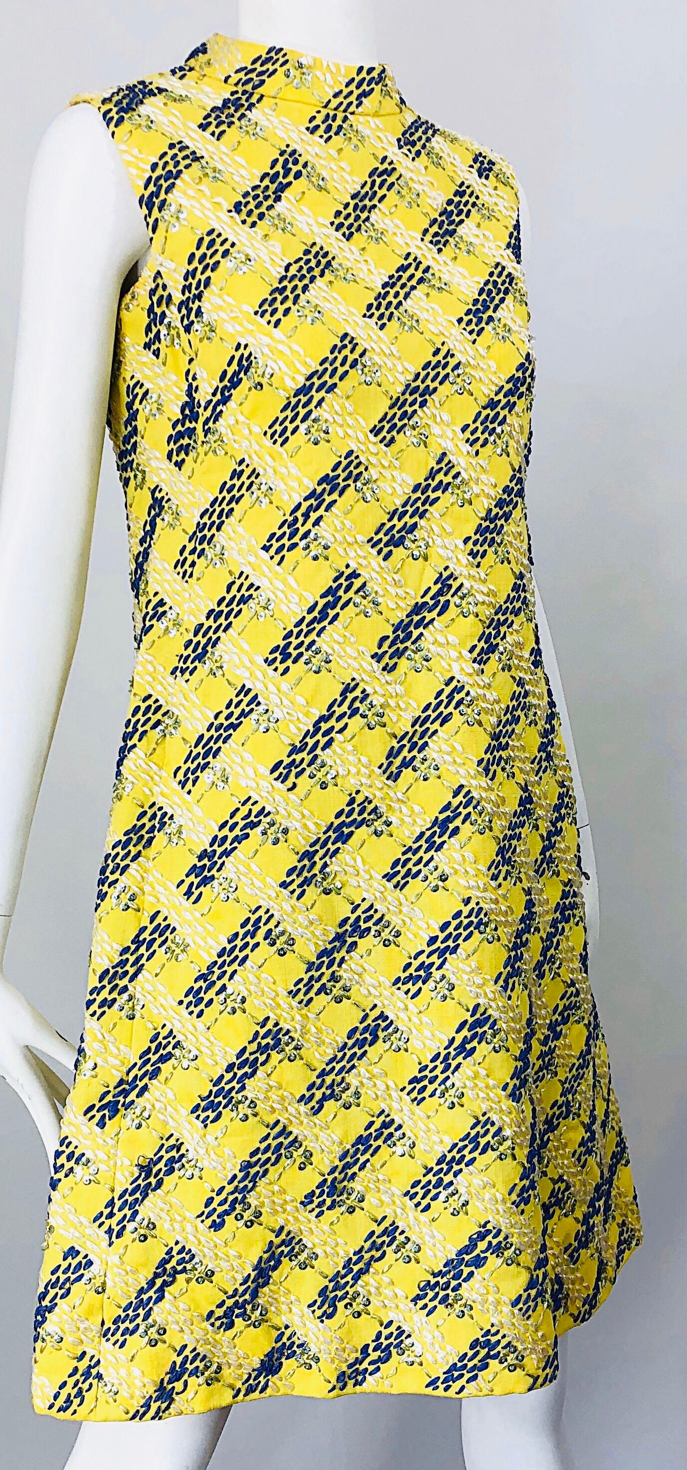 1960s Saks 5th Avenue Yellow + Blue Linen Embrodiered Raffia Sequin A Line Dress 6