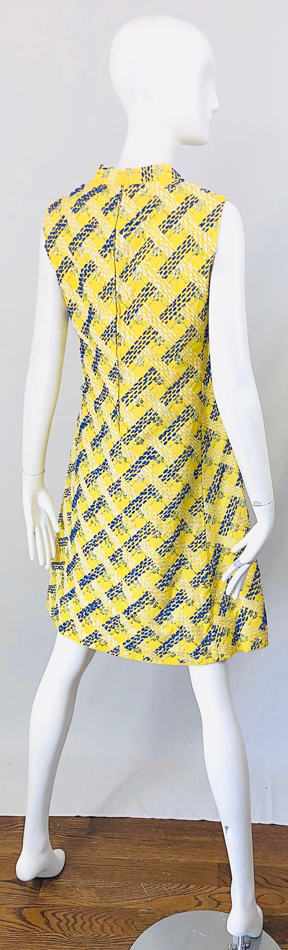 1960s Saks 5th Avenue Yellow + Blue Linen Embrodiered Raffia Sequin A Line Dress 7