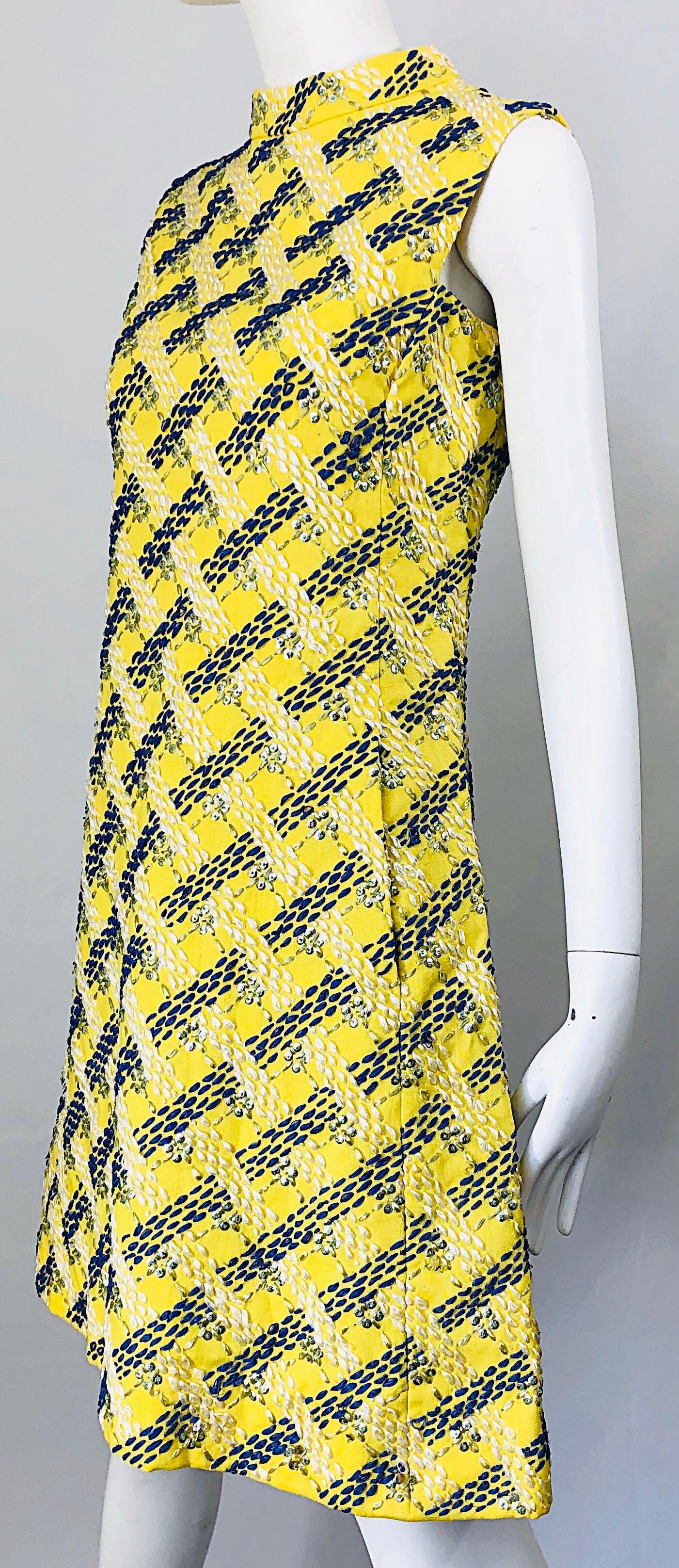 1960s Saks 5th Avenue Yellow + Blue Linen Embrodiered Raffia Sequin A Line Dress 8