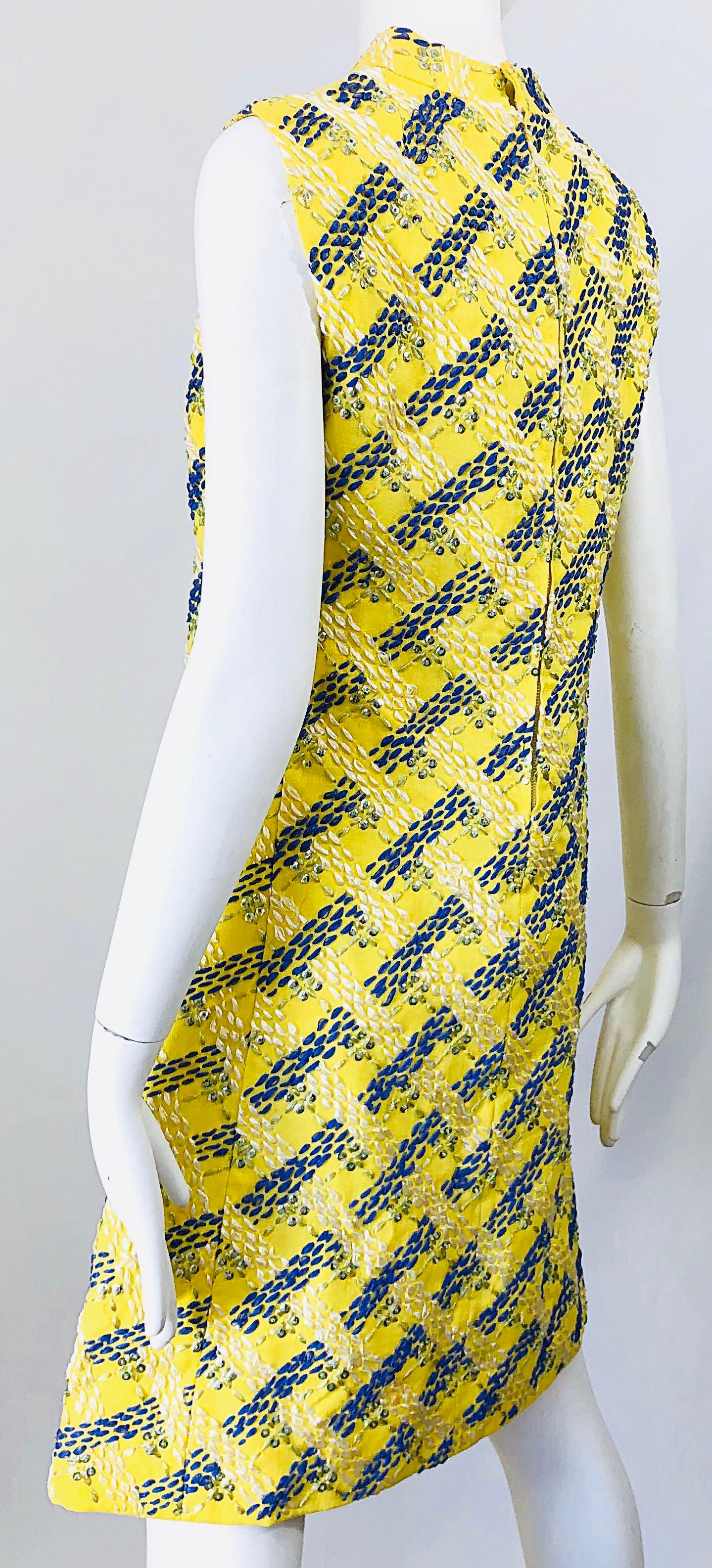 1960s Saks 5th Avenue Yellow + Blue Linen Embrodiered Raffia Sequin A Line Dress 9