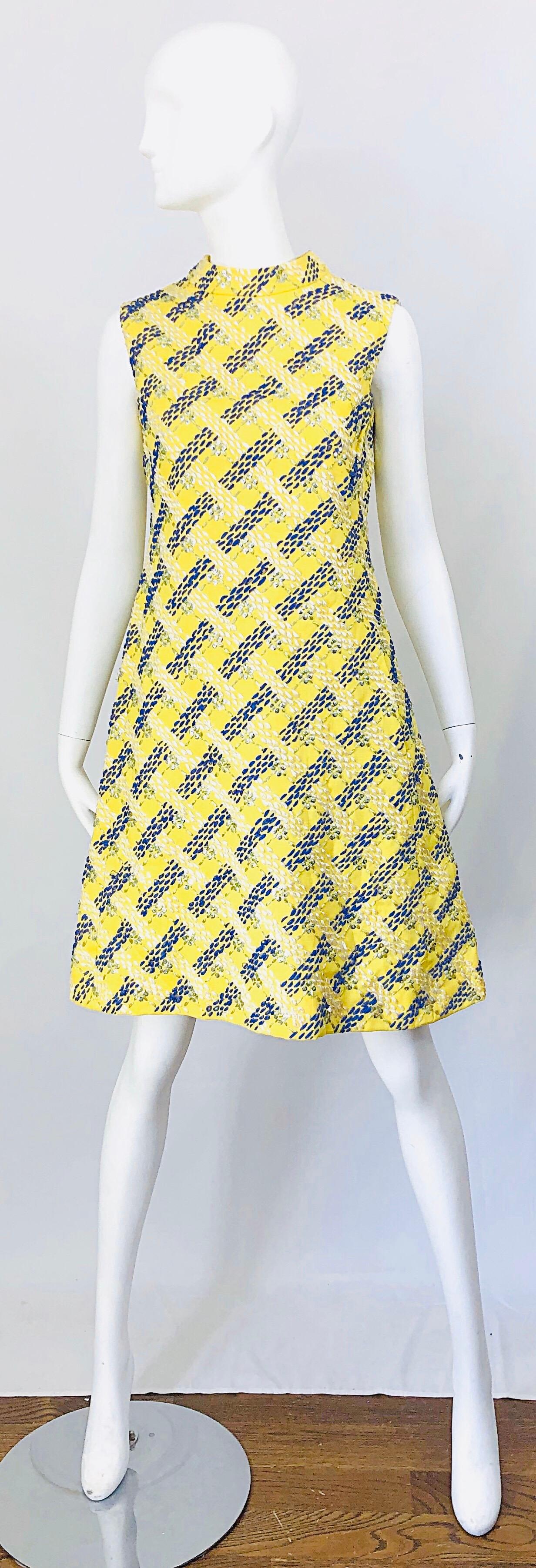 1960s Saks 5th Avenue Yellow + Blue Linen Embrodiered Raffia Sequin A Line Dress 11