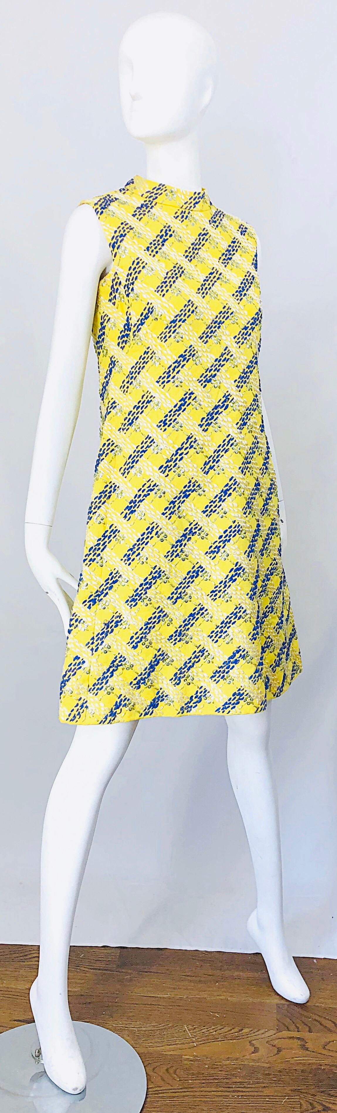 Women's 1960s Saks 5th Avenue Yellow + Blue Linen Embrodiered Raffia Sequin A Line Dress