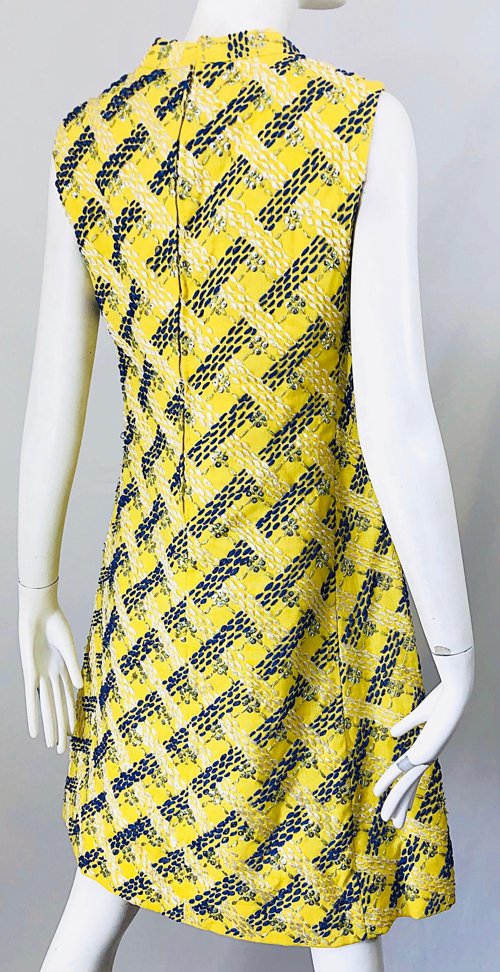 1960s Saks 5th Avenue Yellow + Blue Linen Embrodiered Raffia Sequin A Line Dress 1