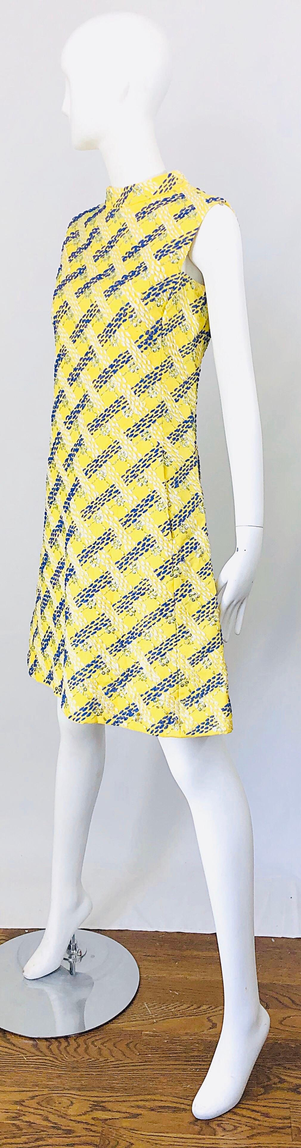 1960s Saks 5th Avenue Yellow + Blue Linen Embrodiered Raffia Sequin A Line Dress 2