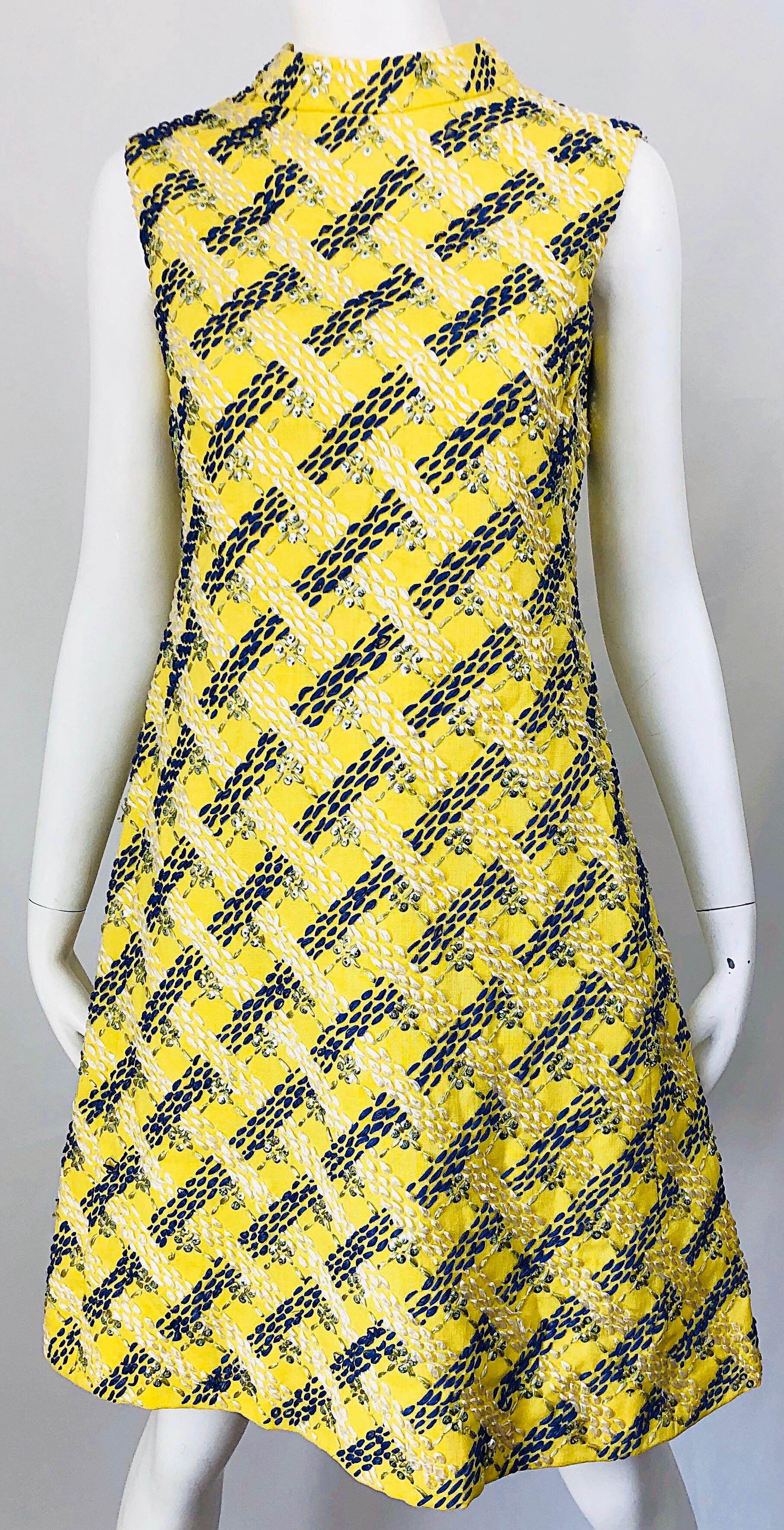 1960s Saks 5th Avenue Yellow + Blue Linen Embrodiered Raffia Sequin A Line Dress 3