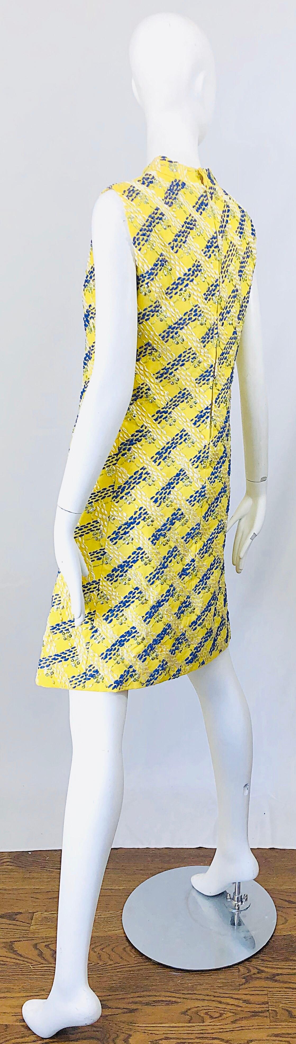 1960s Saks 5th Avenue Yellow + Blue Linen Embrodiered Raffia Sequin A Line Dress 4