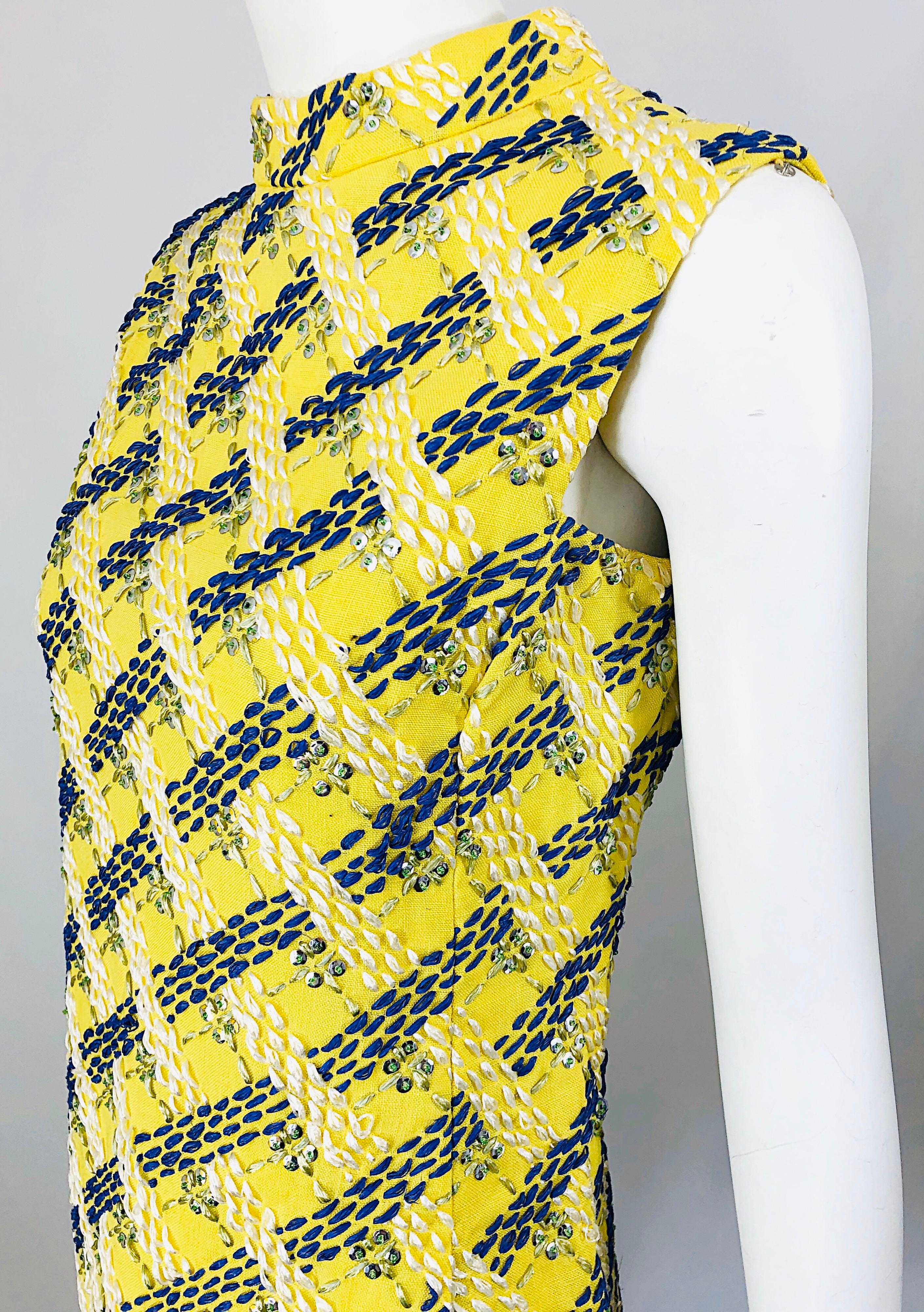 1960s Saks 5th Avenue Yellow + Blue Linen Embrodiered Raffia Sequin A Line Dress 5