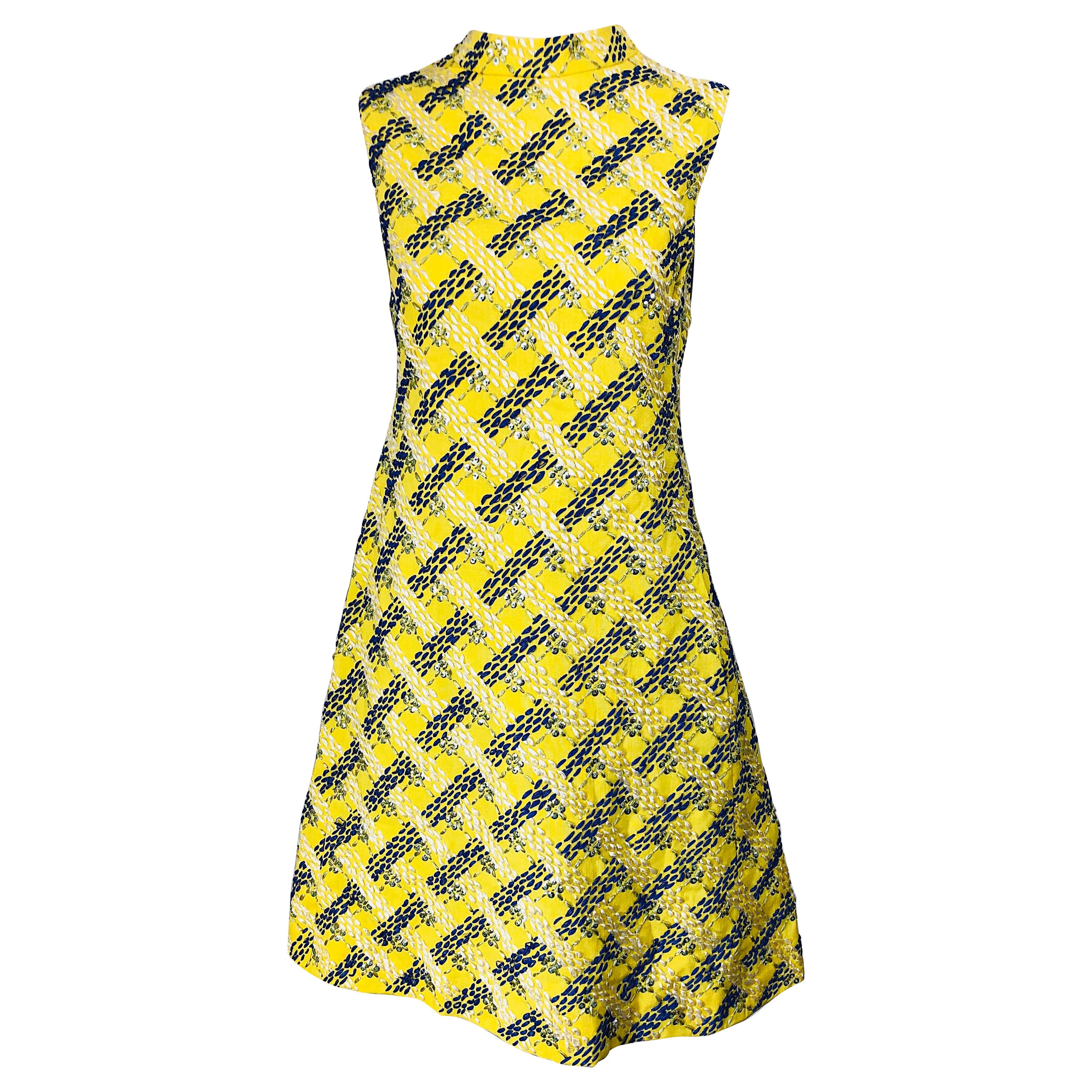 1960s Saks 5th Avenue Yellow + Blue Linen Embrodiered Raffia Sequin A Line Dress