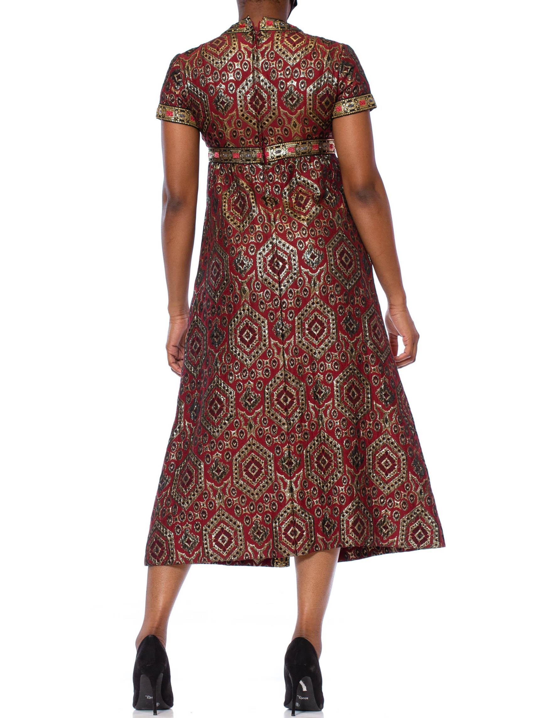 1960S SAKS Burgundy & Black Cotton Lurex Gold Lamé Brocade Midi Length Cocktail 1