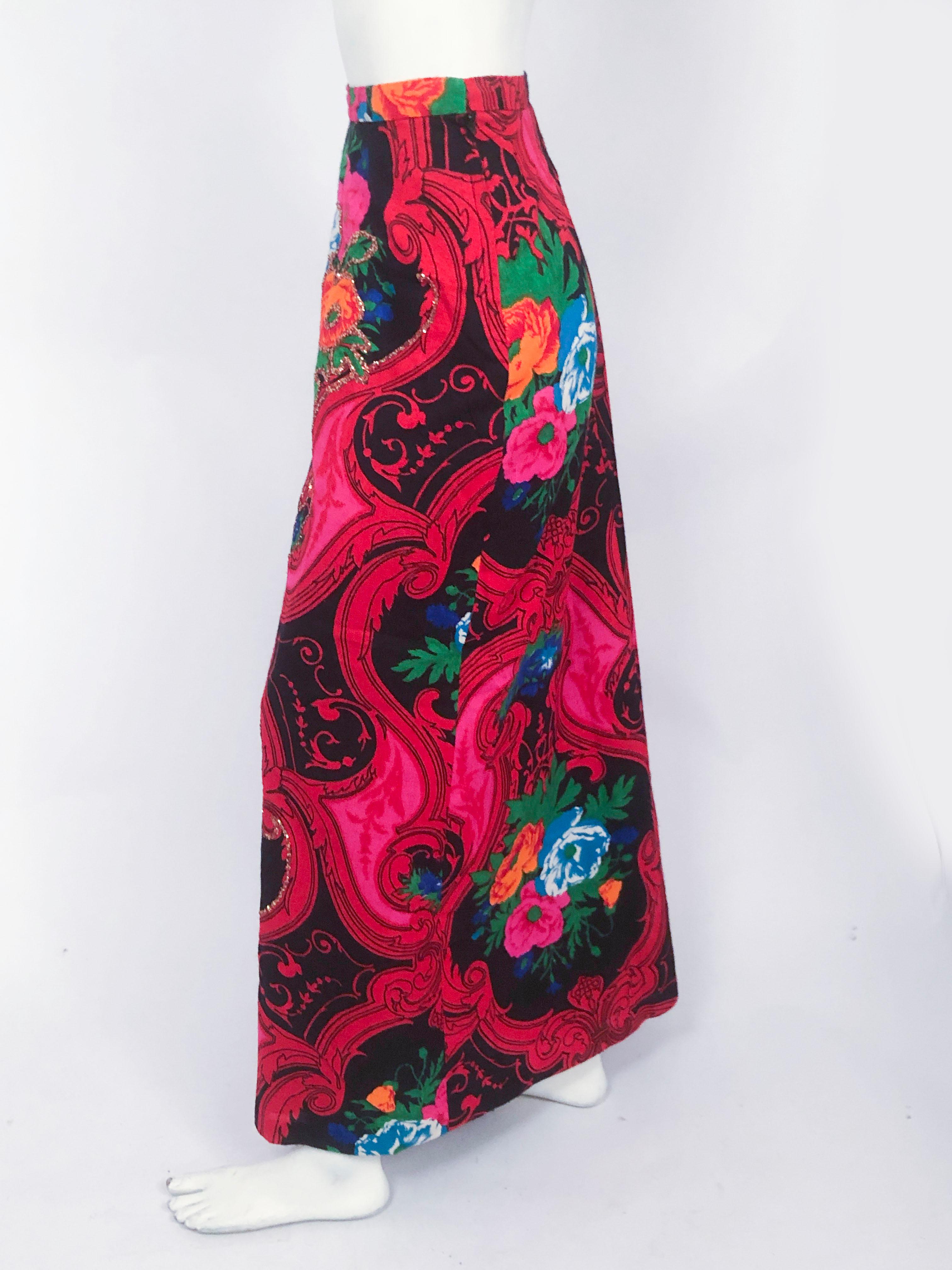 Saks Fifth Ave woven skirt with psychedelic floral and baroque print featuring bold colors and hand glittered outline on the front