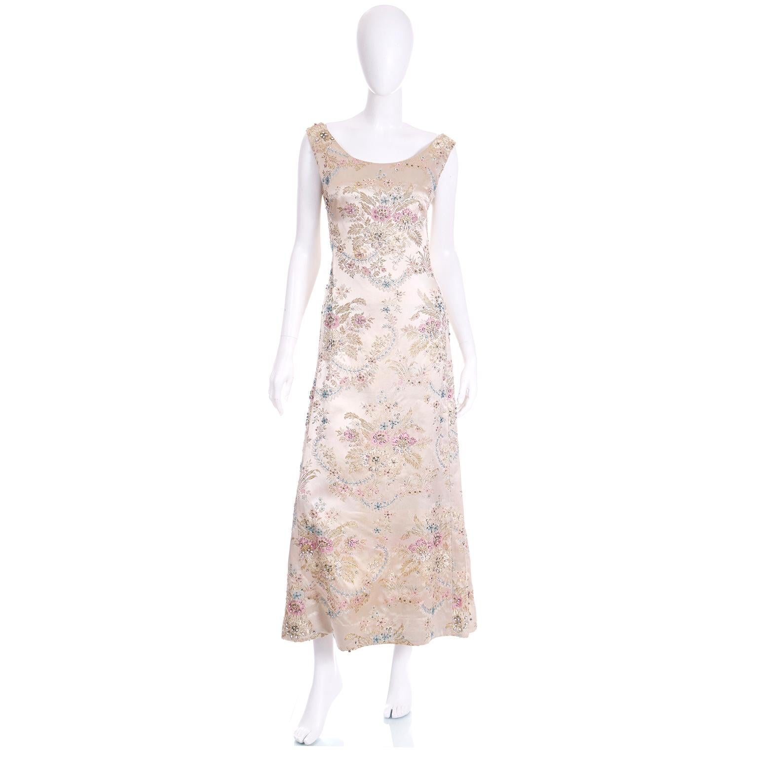 1960s Saks Fifth Avenue Beaded Champagne Satin Jacquard Floral