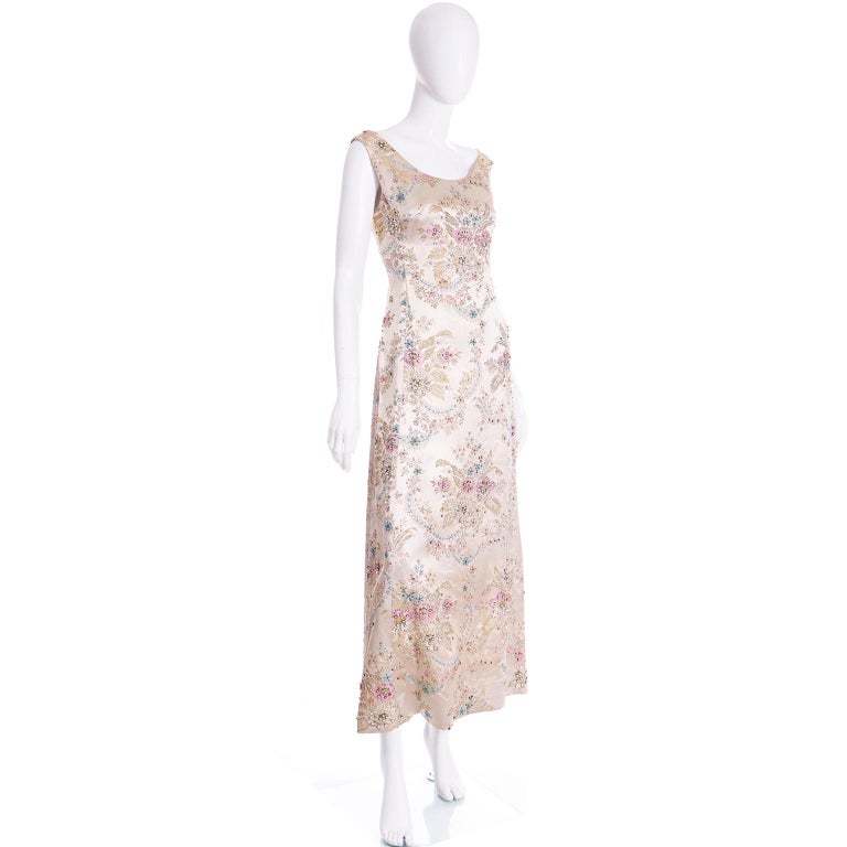 Beige 1960s Saks Fifth Avenue Beaded Champagne Satin Jacquard Floral Evening Dress For Sale