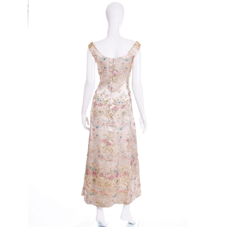 1960s Saks Fifth Avenue Beaded Champagne Satin Jacquard Floral Evening Dress In Excellent Condition For Sale In Portland, OR