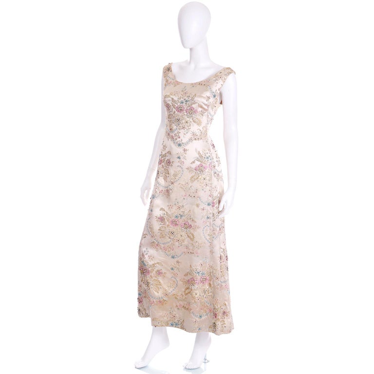 Women's 1960s Saks Fifth Avenue Beaded Champagne Satin Jacquard Floral Evening Dress For Sale