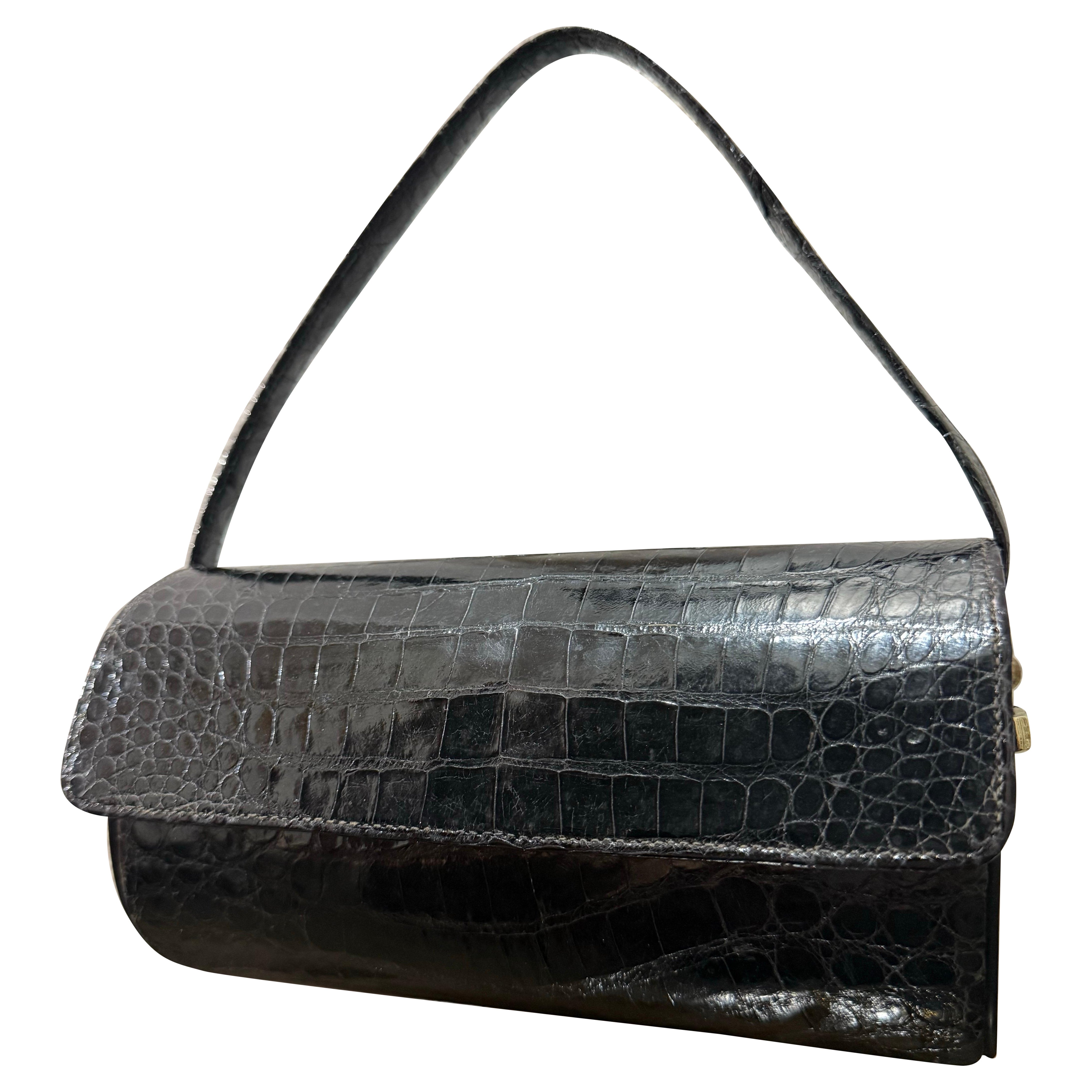 1960s Saks Fifth Avenue Black Alligator Barrel Handbag w Top Handle