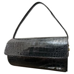 1960s Saks Fifth Avenue Black Alligator Barrel Handbag w Top Handle