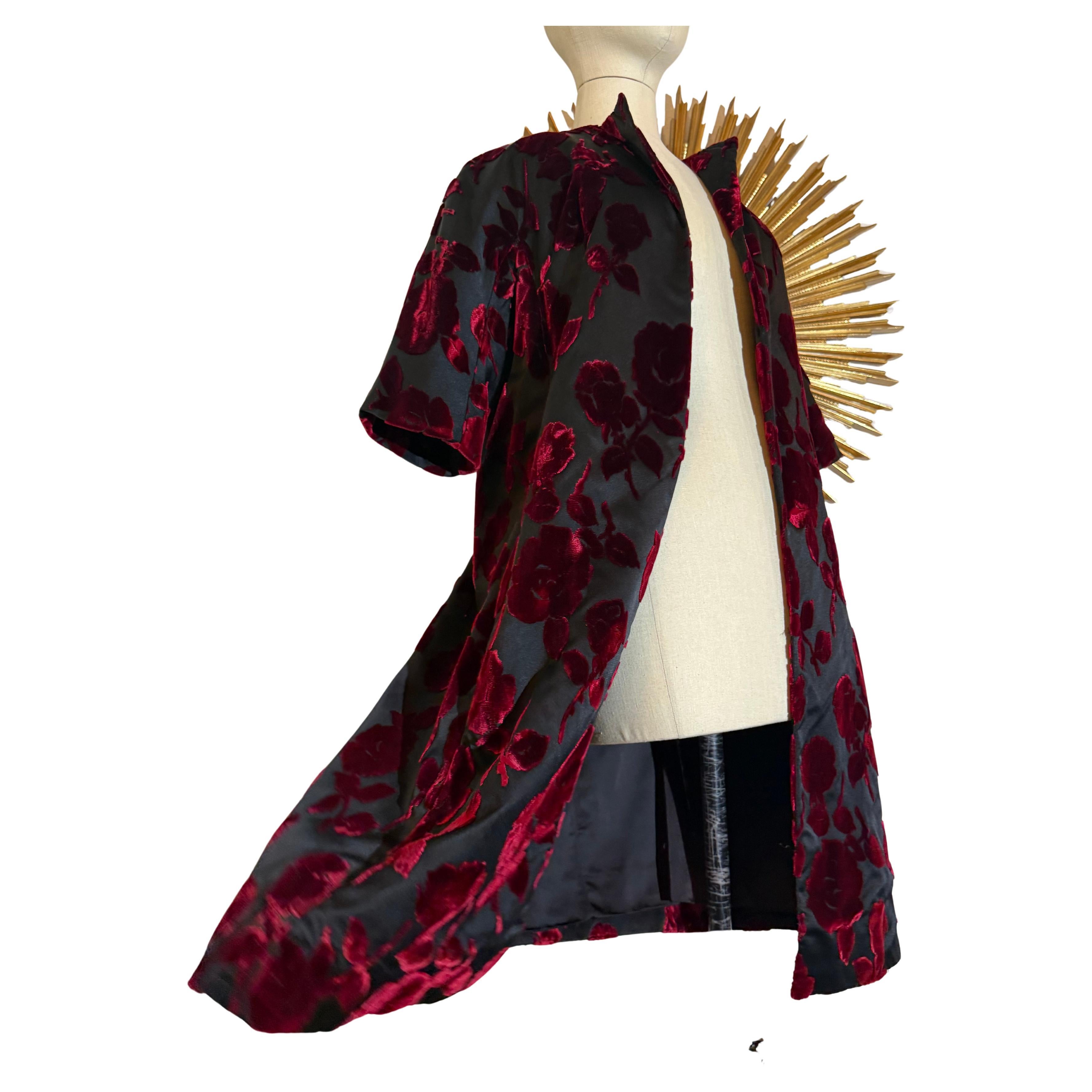 1960s Saks Fifth Avenue Black & Red Velvet Devore Rose Cocktail Coat For Sale