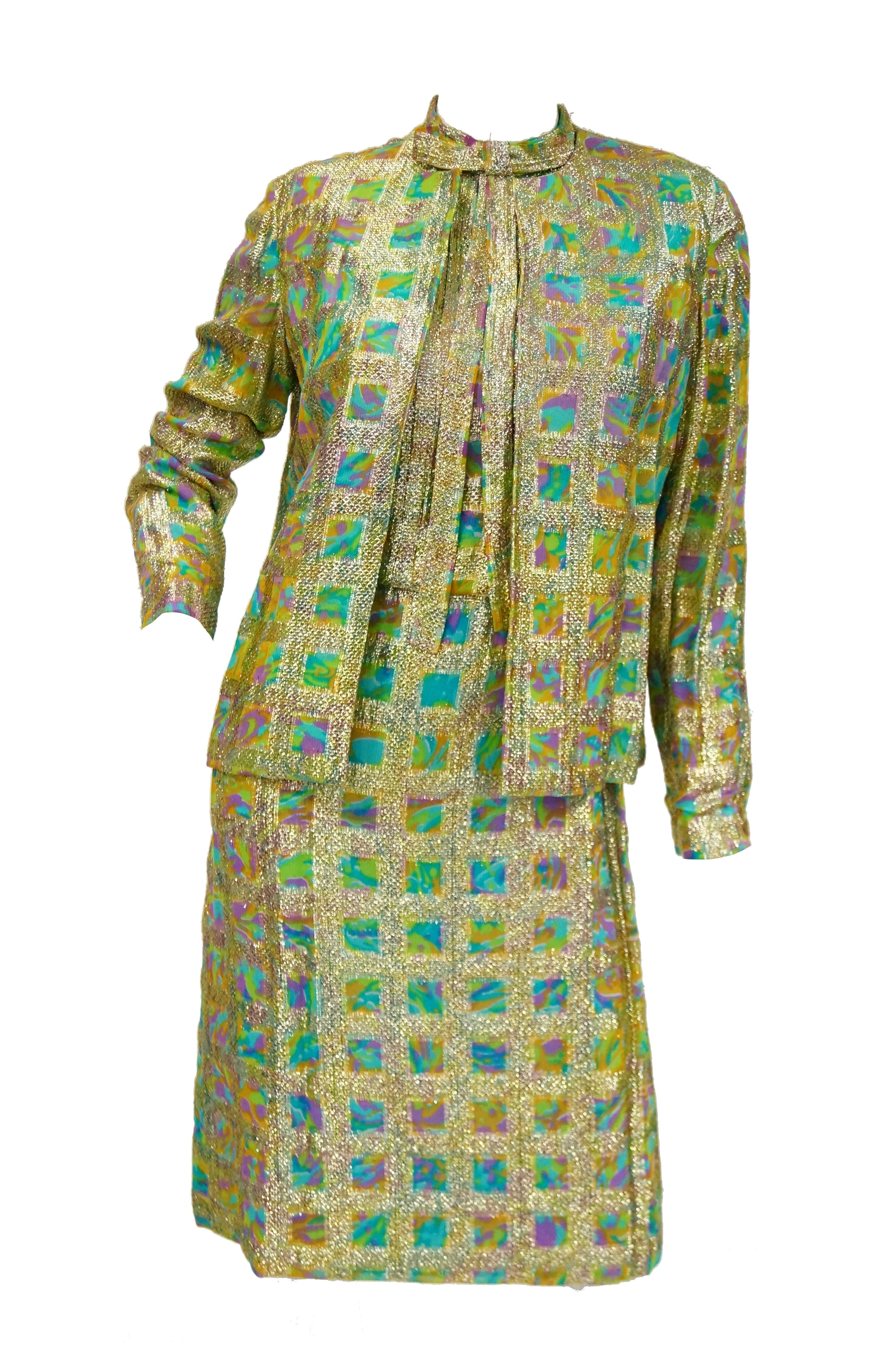 1960s Saks Fifth Avenue Blue & Gold Lame Psychedelic Swirl Cocktail Dress For Sale 2