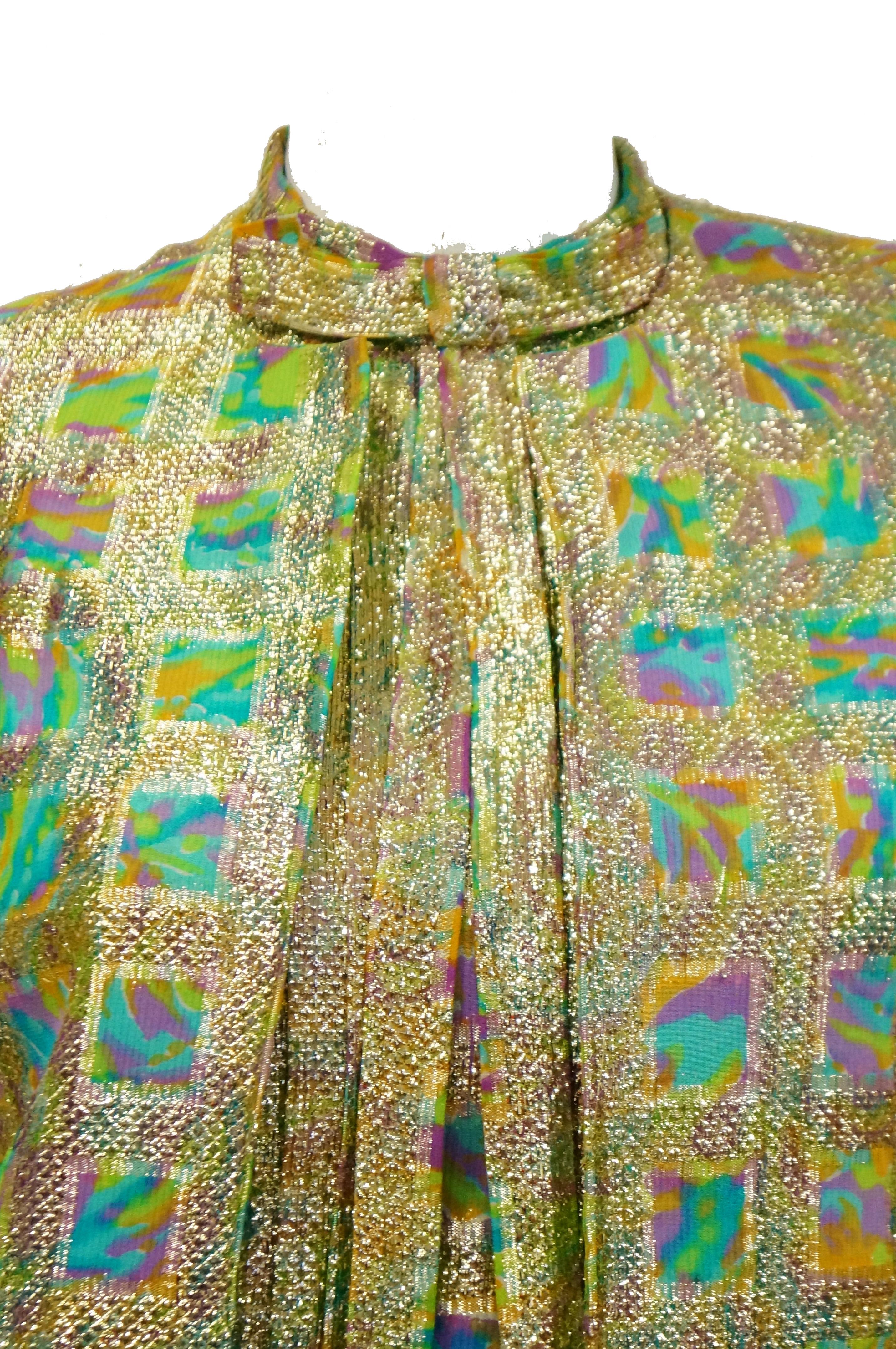 1960s Saks Fifth Avenue Blue & Gold Lame Psychedelic Swirl Cocktail Dress For Sale 3