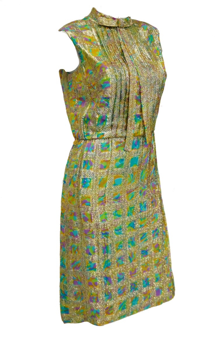 1960s Saks Fifth Avenue Blue and Gold Lame Psychedelic Swirl Cocktail Dress  For Sale at 1stDibs