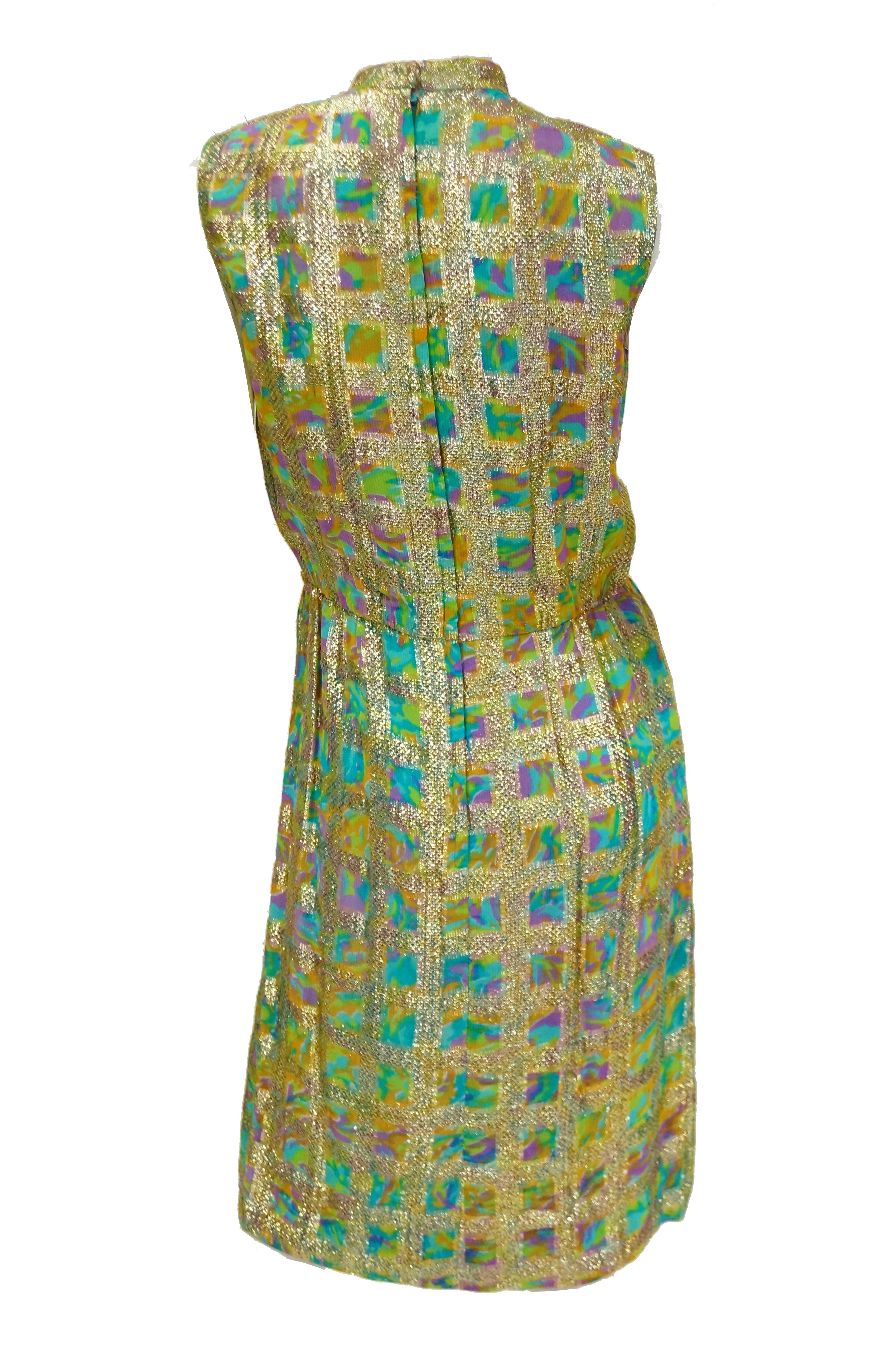 Brown 1960s Saks Fifth Avenue Blue & Gold Lame Psychedelic Swirl Cocktail Dress For Sale