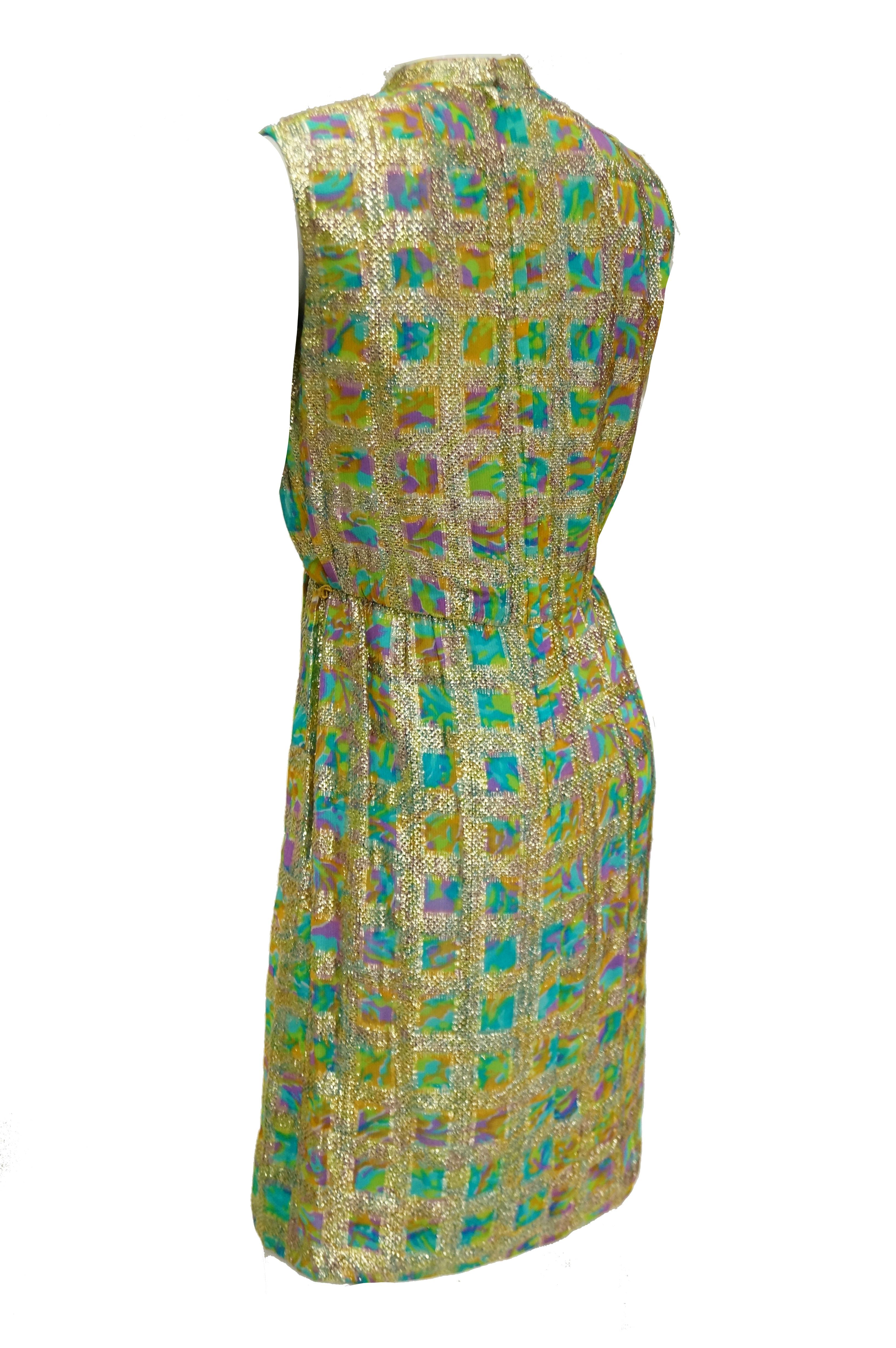 1960s Saks Fifth Avenue Blue & Gold Lame Psychedelic Swirl Cocktail Dress In Excellent Condition For Sale In Houston, TX