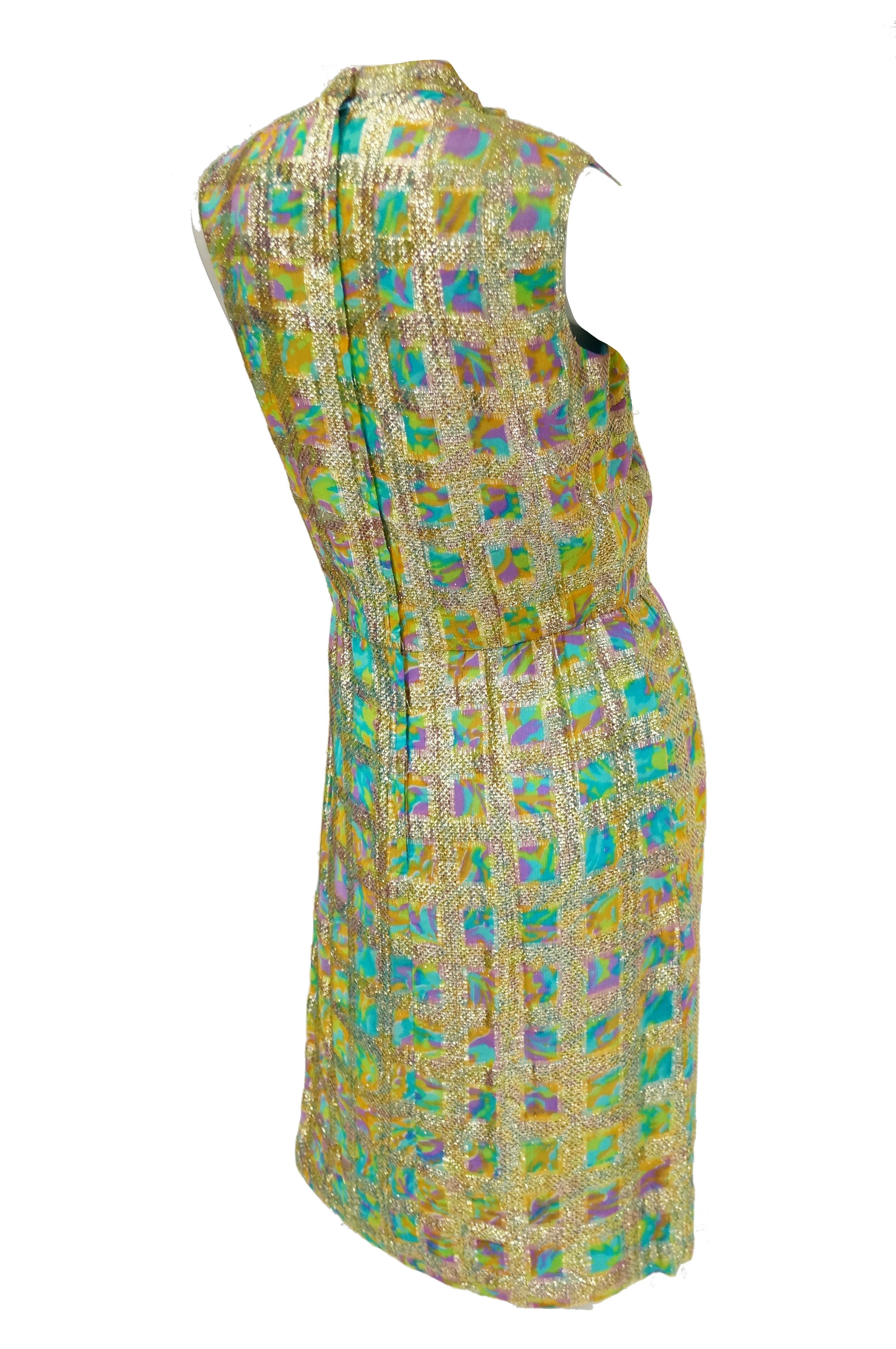 Women's 1960s Saks Fifth Avenue Blue & Gold Lame Psychedelic Swirl Cocktail Dress For Sale