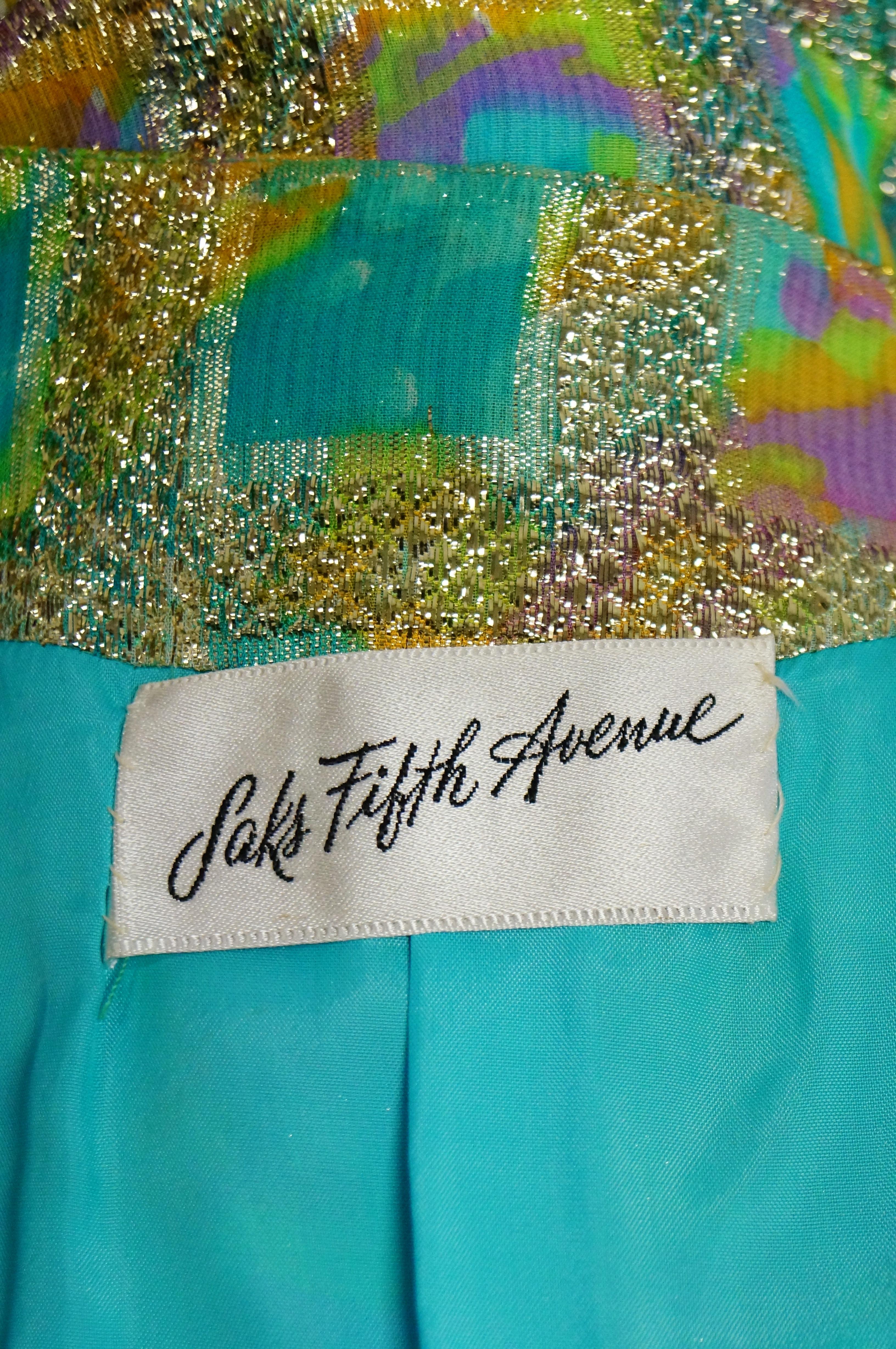 1960s Saks Fifth Avenue Blue & Gold Lame Psychedelic Swirl Cocktail Dress For Sale 1