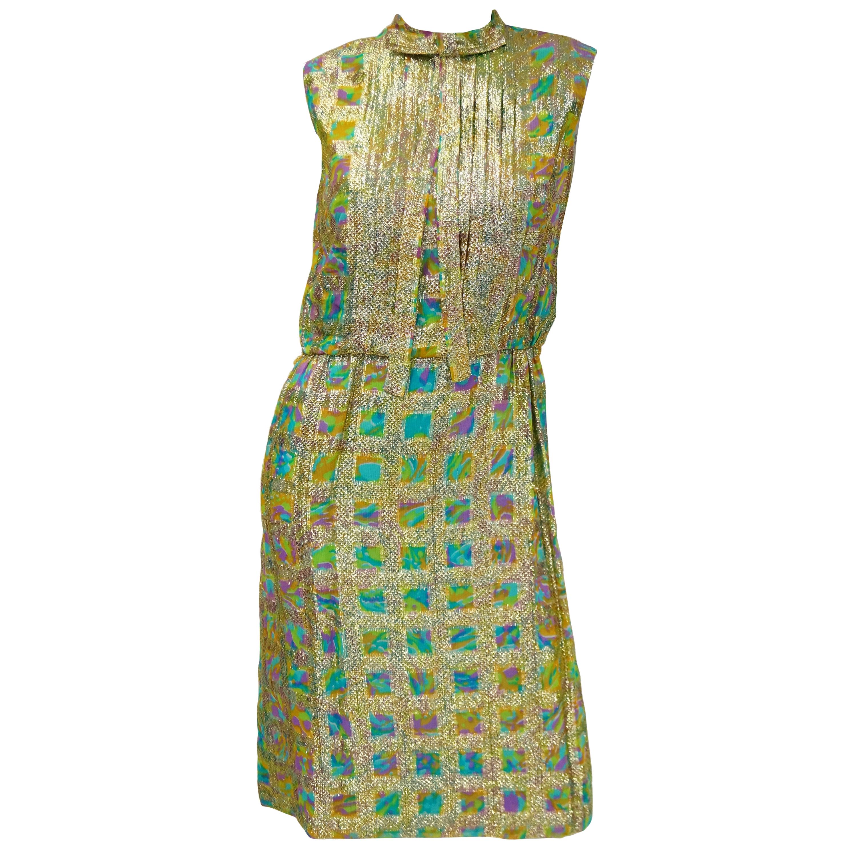1960s Saks Fifth Avenue Blue & Gold Lame Psychedelic Swirl Cocktail Dress For Sale
