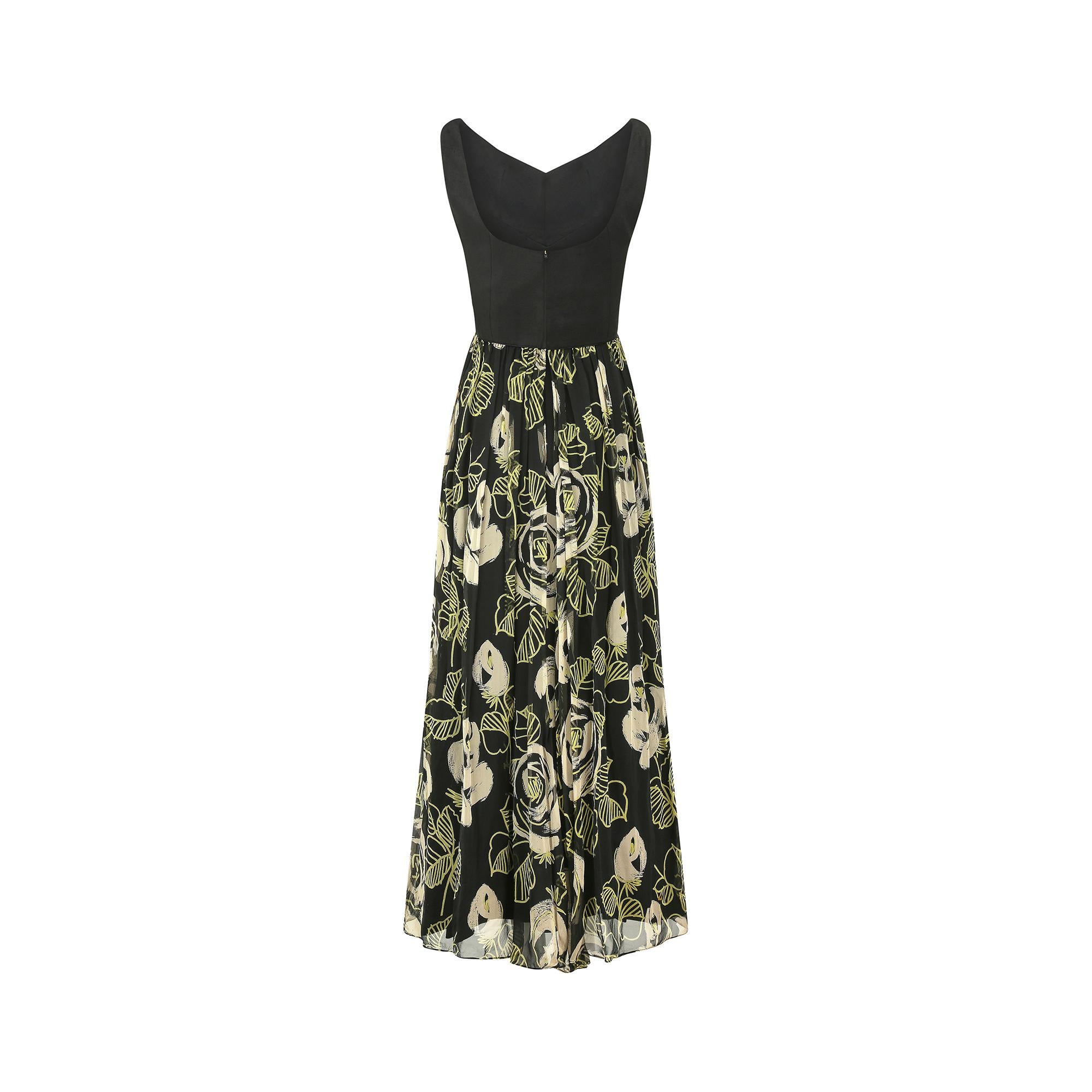 1960s Saks Fifth Avenue Chiffon Rose Print Maxi Dress In Excellent Condition For Sale In London, GB