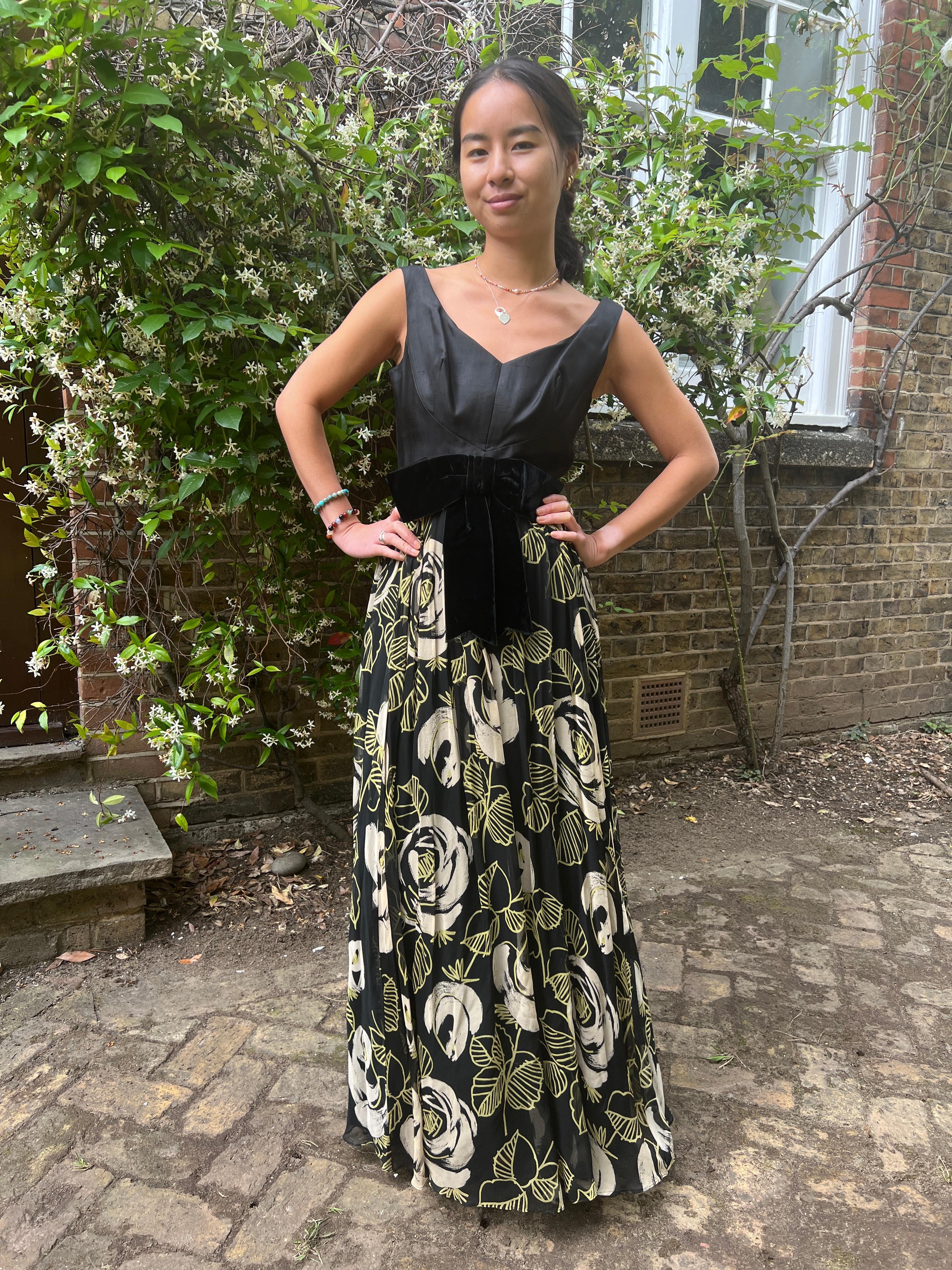 1960s Saks Fifth Avenue Chiffon Rose Print Maxi Dress For Sale 2