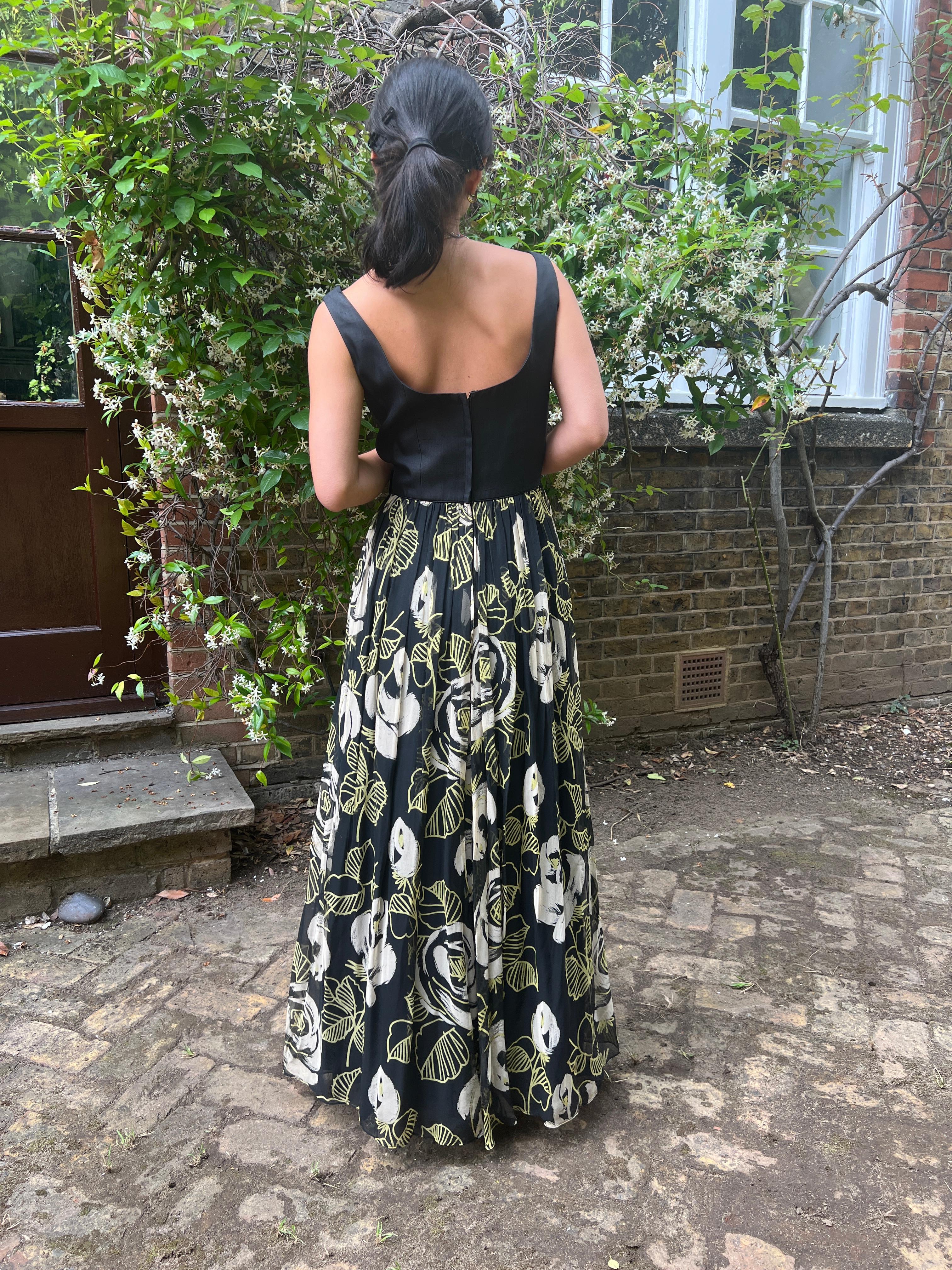 1960s Saks Fifth Avenue Chiffon Rose Print Maxi Dress For Sale 3