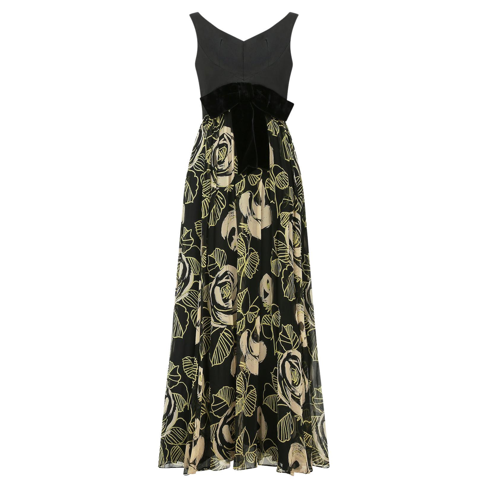 1960s Saks Fifth Avenue Chiffon Rose Print Maxi Dress