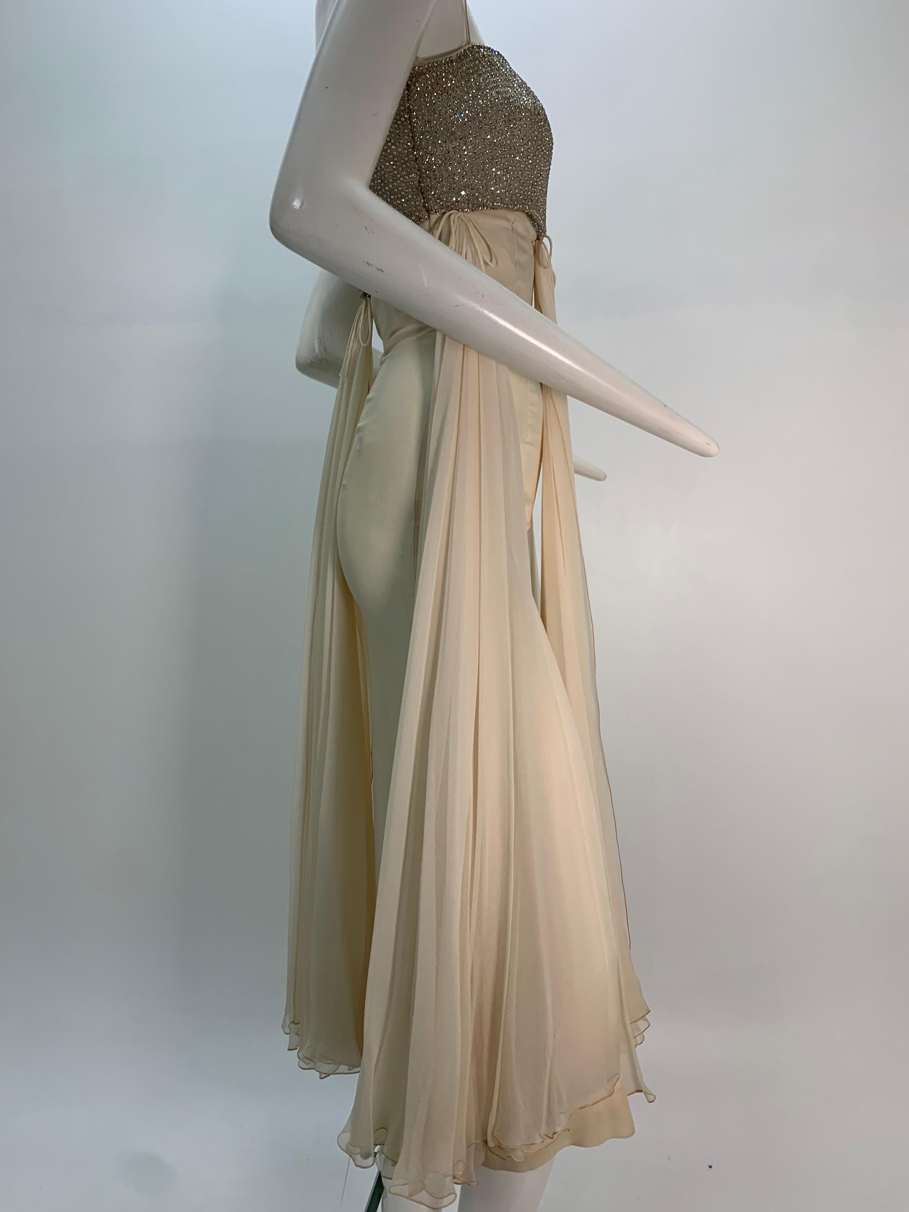 1960s Saks Fifth Avenue Cream Silk Chiffon Dress w/ Rhinestone Encrusted Bodice For Sale 2