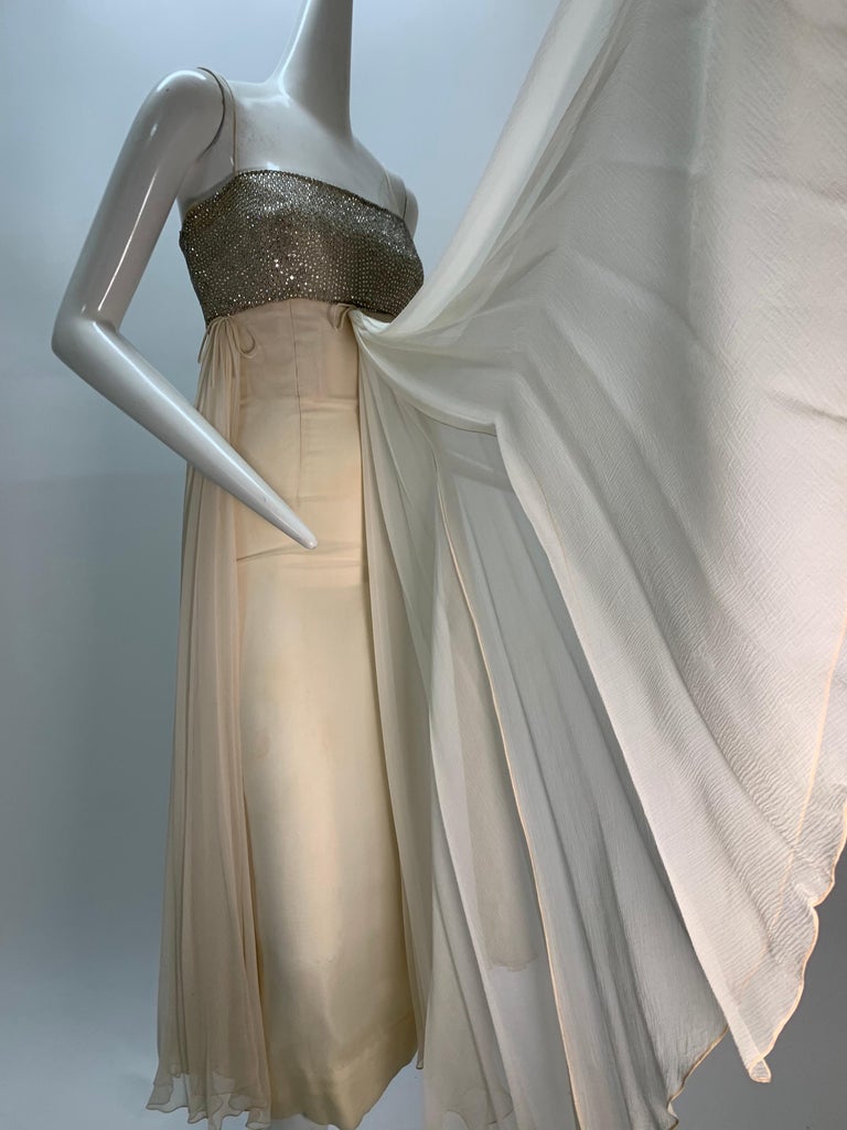 1960s Saks Fifth Avenue Cream Silk Chiffon Dress w/ Rhinestone Encrusted  Bodice