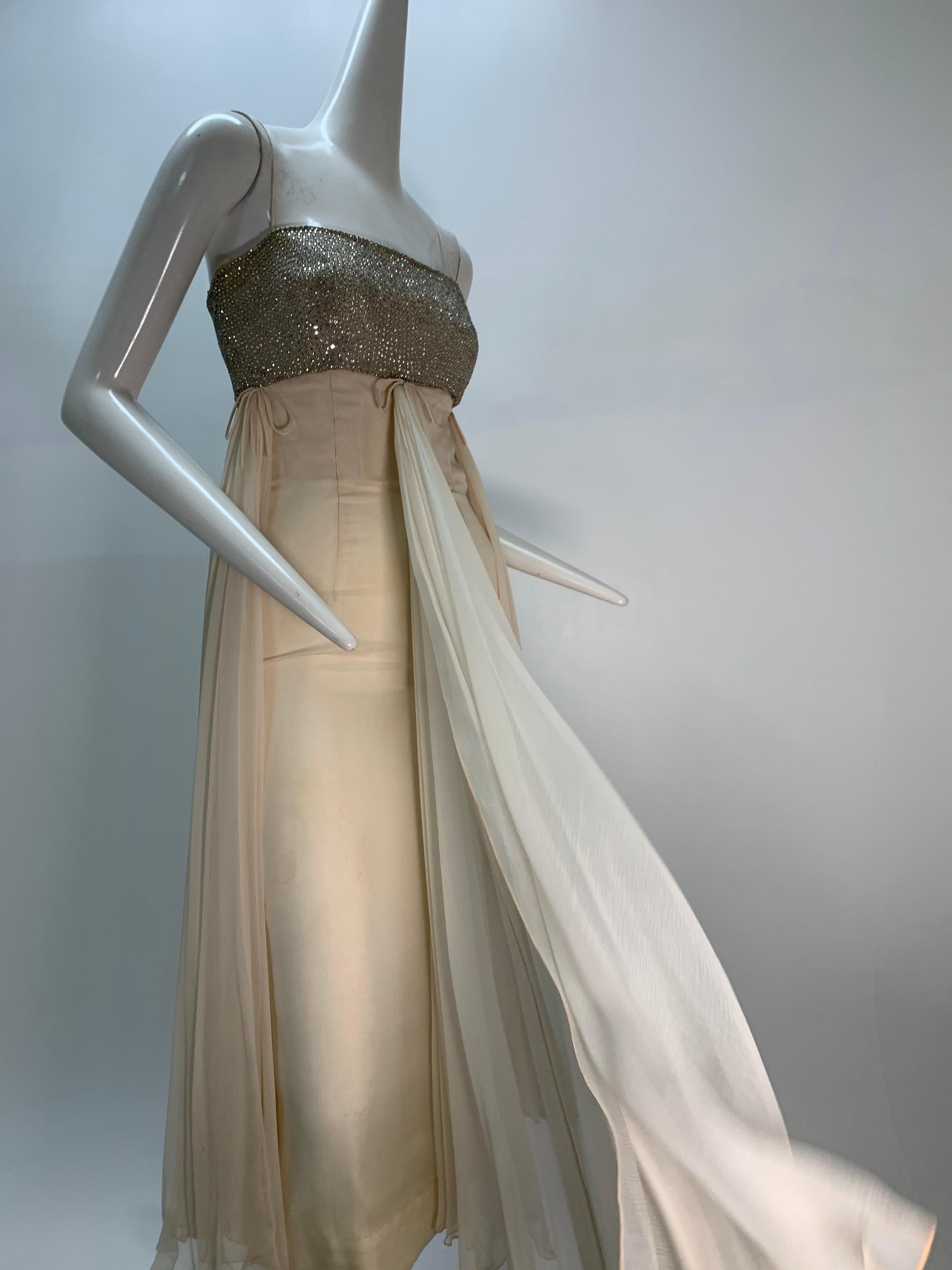1960s Saks Fifth Avenue Cream Silk Chiffon Dress w/ Rhinestone Encrusted Bodice For Sale 4