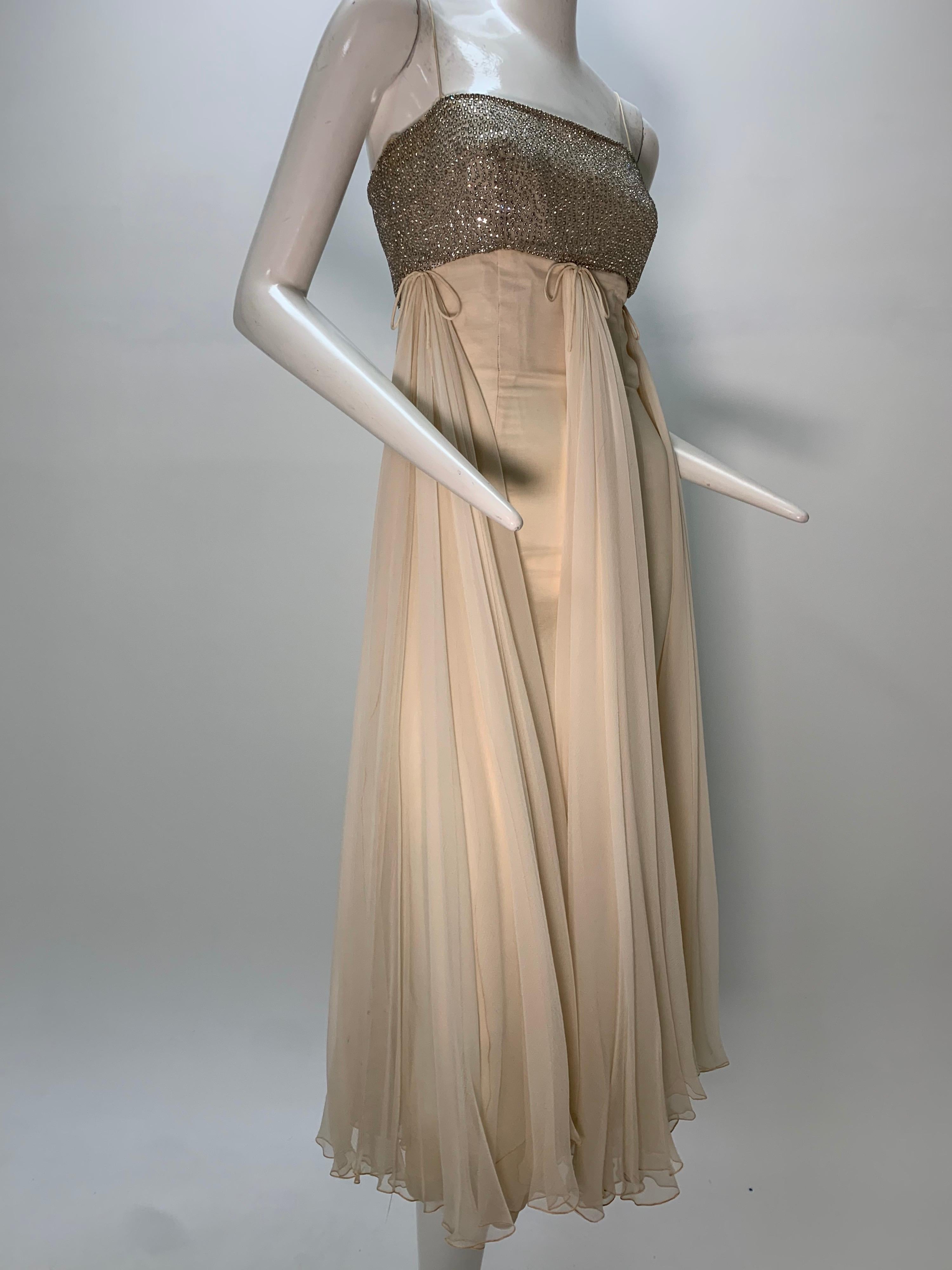 1960s Saks Fifth Avenue Cream Silk Chiffon Dress w/ Rhinestone Encrusted Bodice For Sale 5