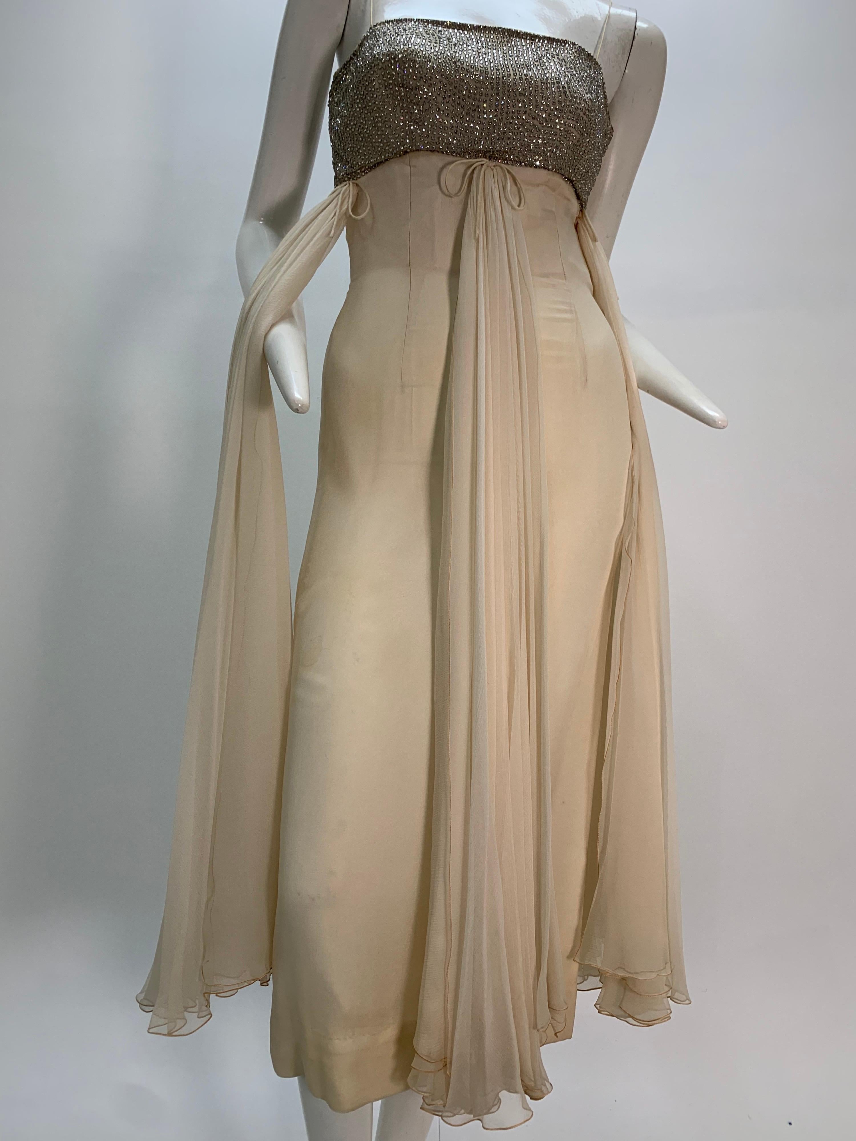 1960s Saks Fifth Avenue Cream Silk Chiffon Dress w/ Rhinestone Encrusted Bodice For Sale 10