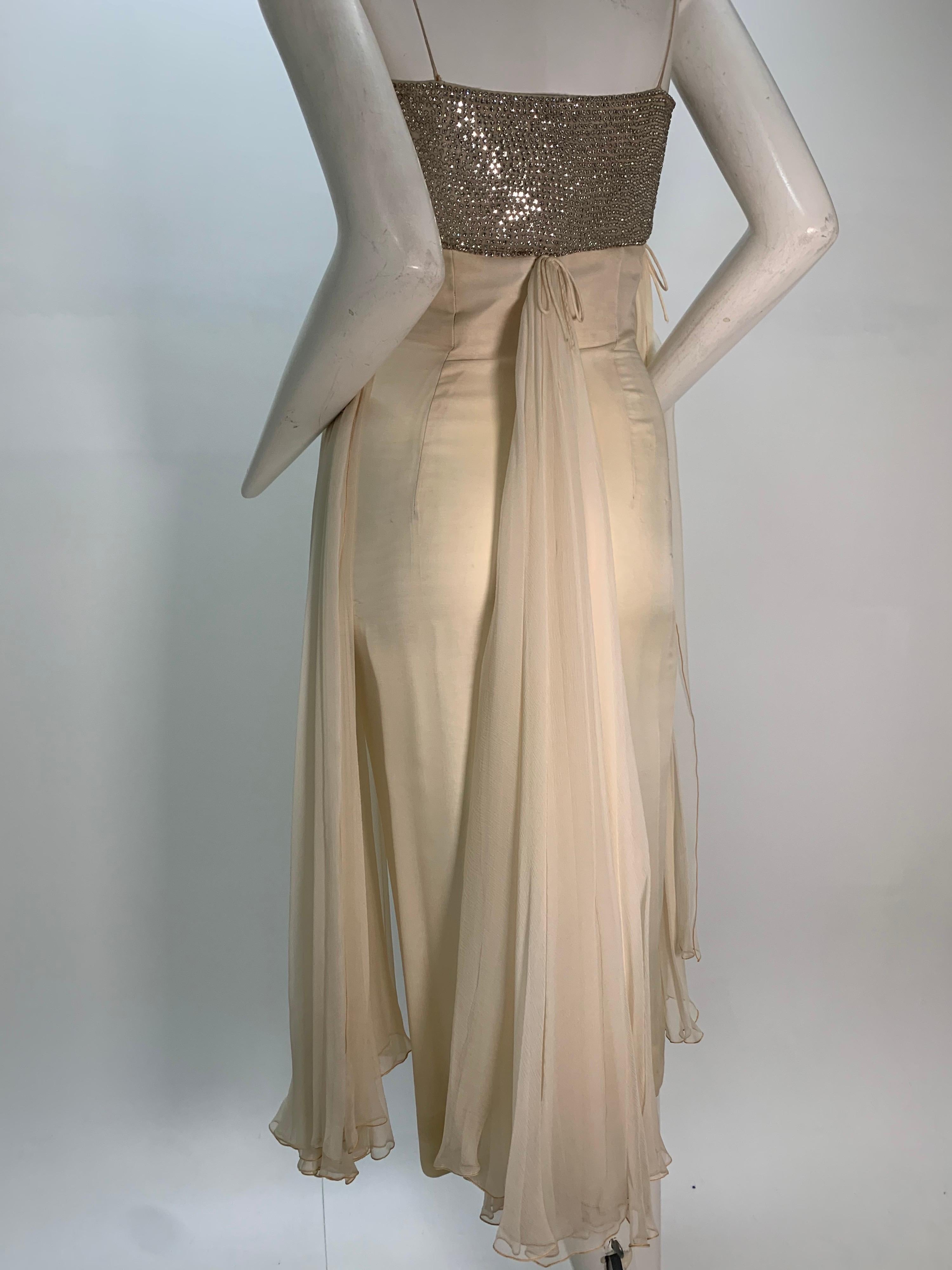 Women's 1960s Saks Fifth Avenue Cream Silk Chiffon Dress w/ Rhinestone Encrusted Bodice For Sale