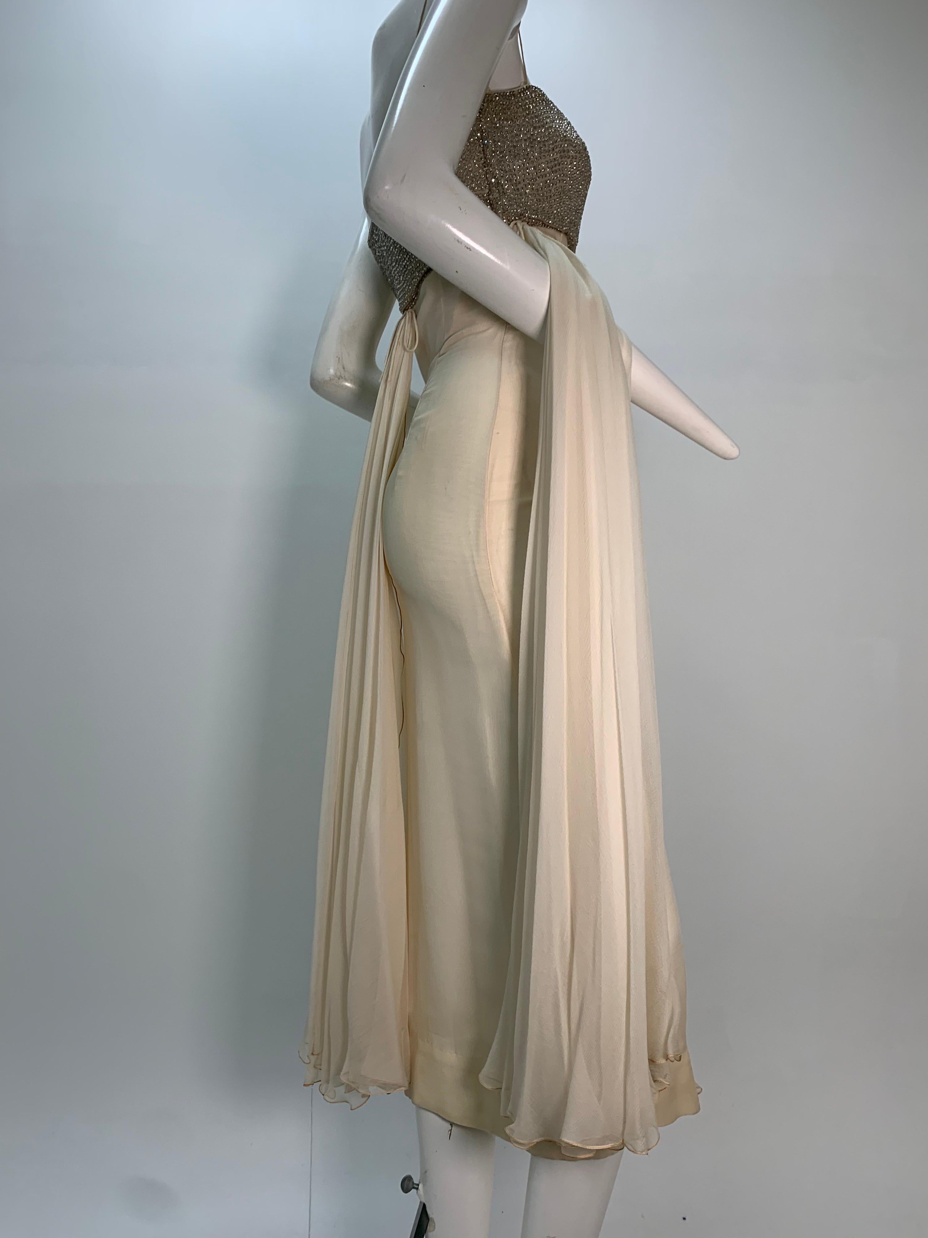 1960s Saks Fifth Avenue Cream Silk Chiffon Dress w/ Rhinestone Encrusted Bodice For Sale 1