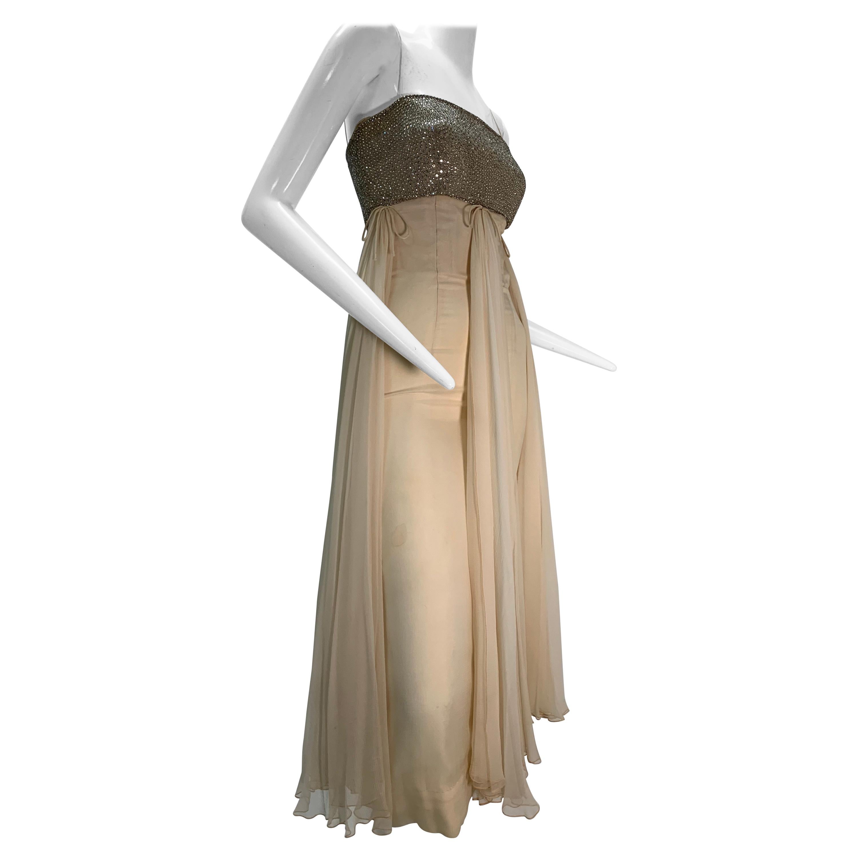 1960s Saks Fifth Avenue Cream Silk Chiffon Dress w/ Rhinestone Encrusted Bodice For Sale