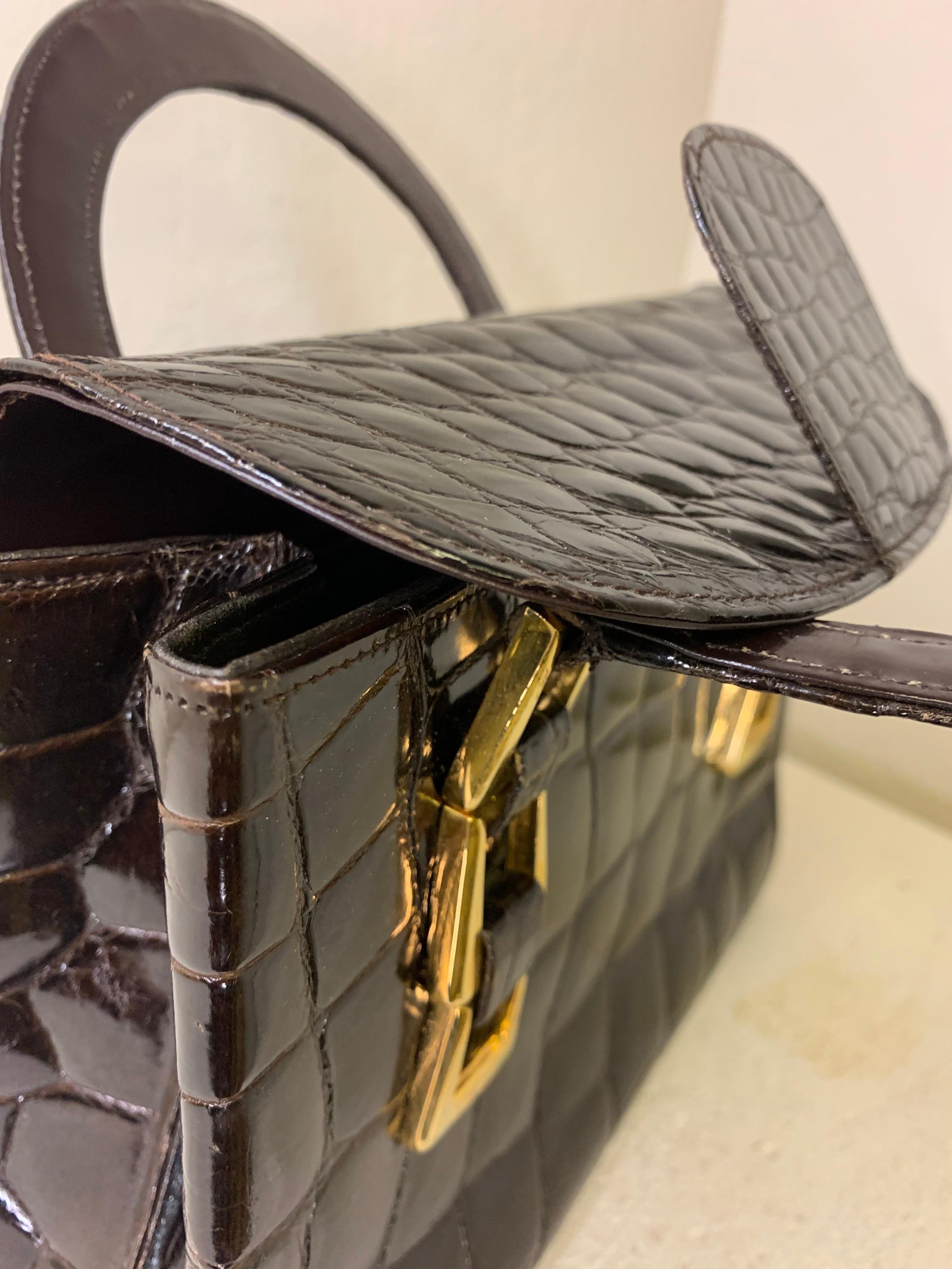 1960s Saks Fifth Avenue Deep Brown Alligator Tote Bag w/ Triple Buckle Detail 4