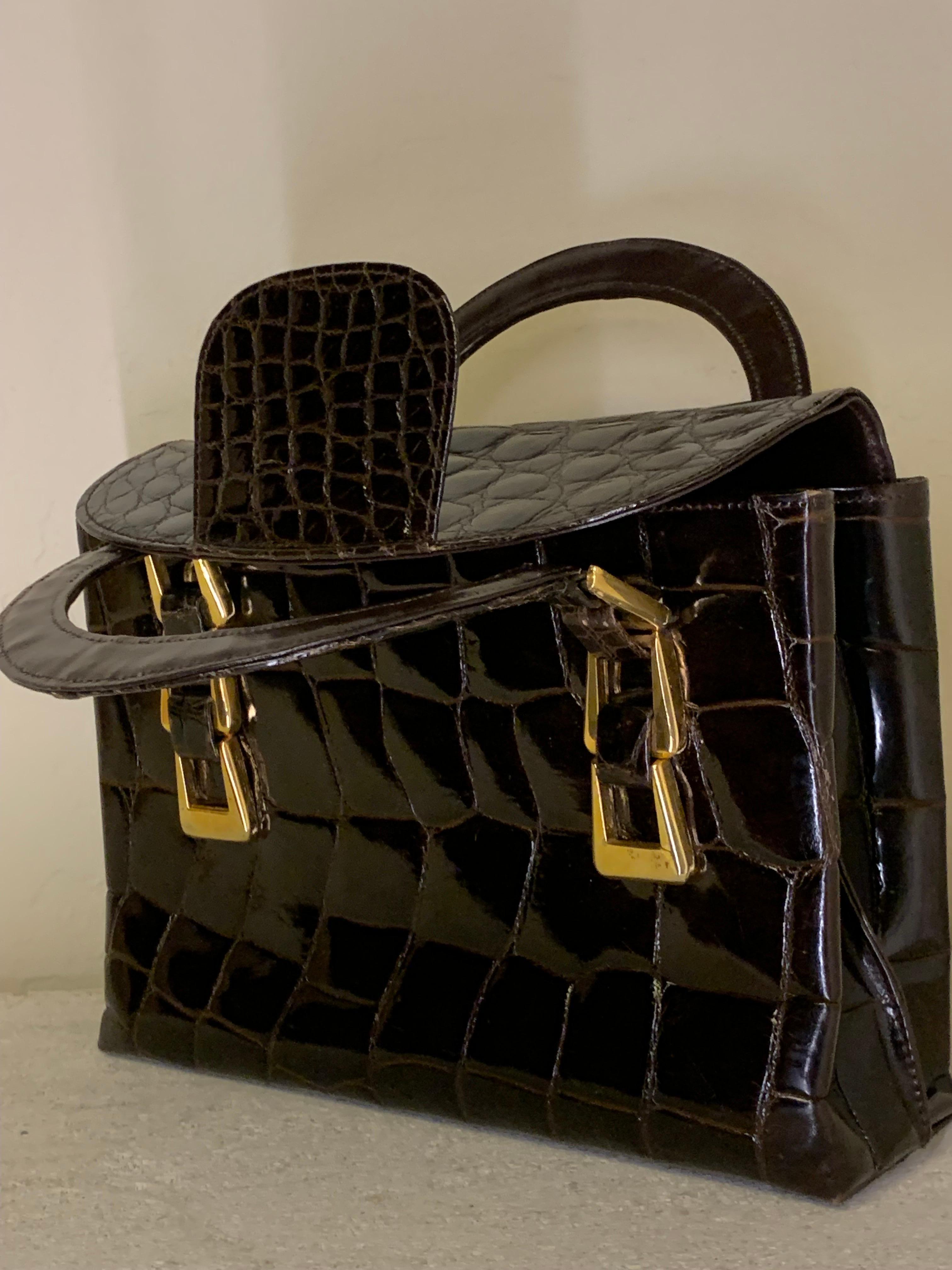 1960s Saks Fifth Avenue Deep Brown Alligator Tote Bag w/ Triple Buckle Detail 10