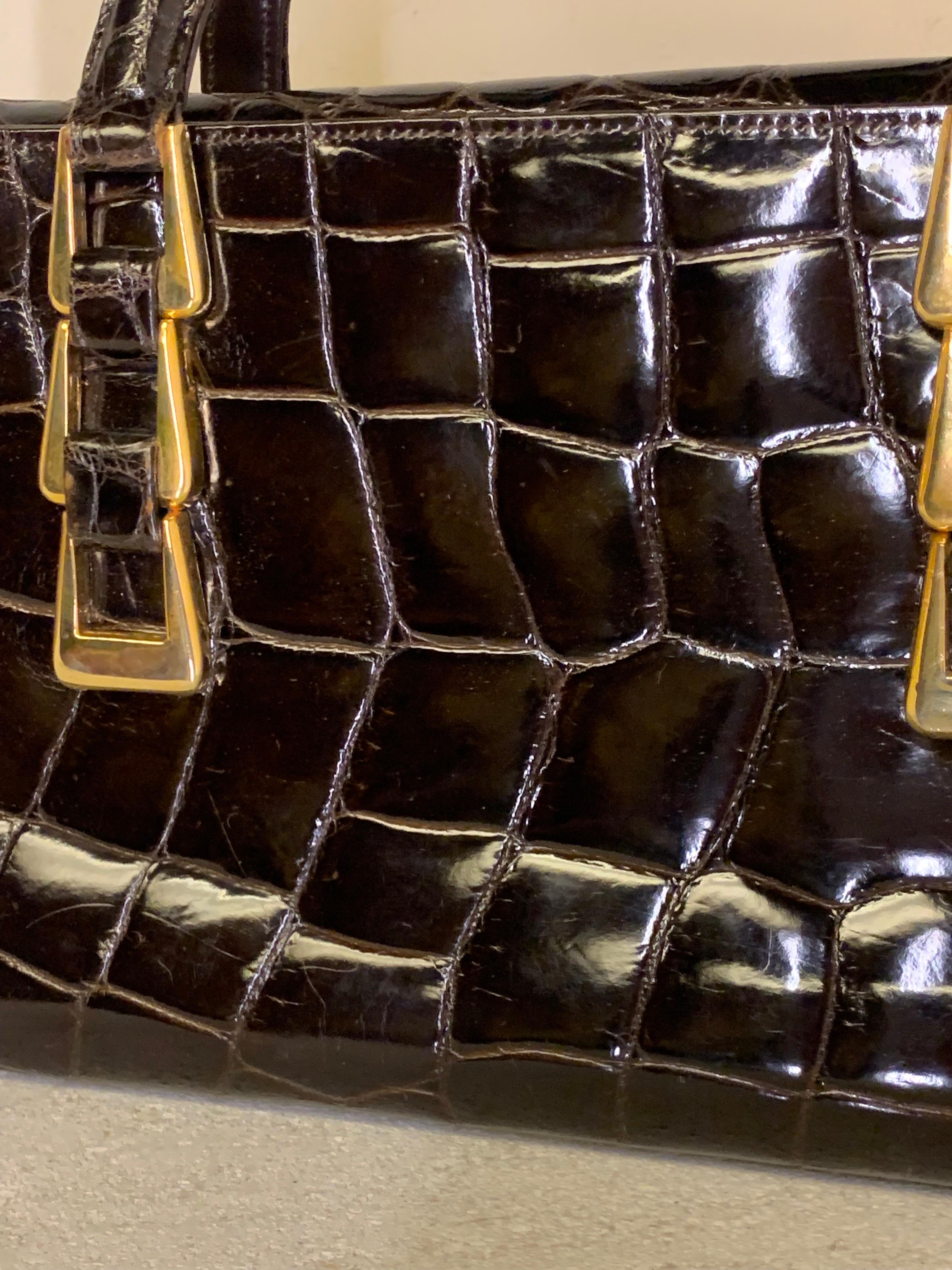 1960s Saks Fifth Avenue Deep Brown Alligator Tote Bag w/ Triple Buckle Detail 13