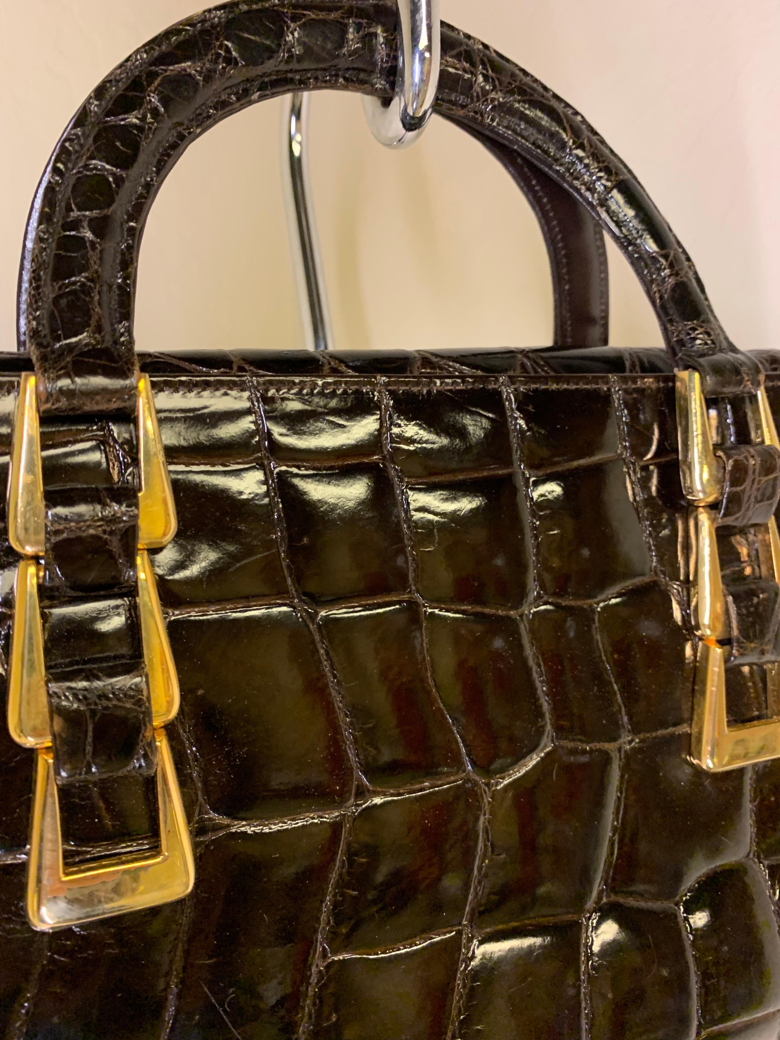 Black 1960s Saks Fifth Avenue Deep Brown Alligator Tote Bag w/ Triple Buckle Detail