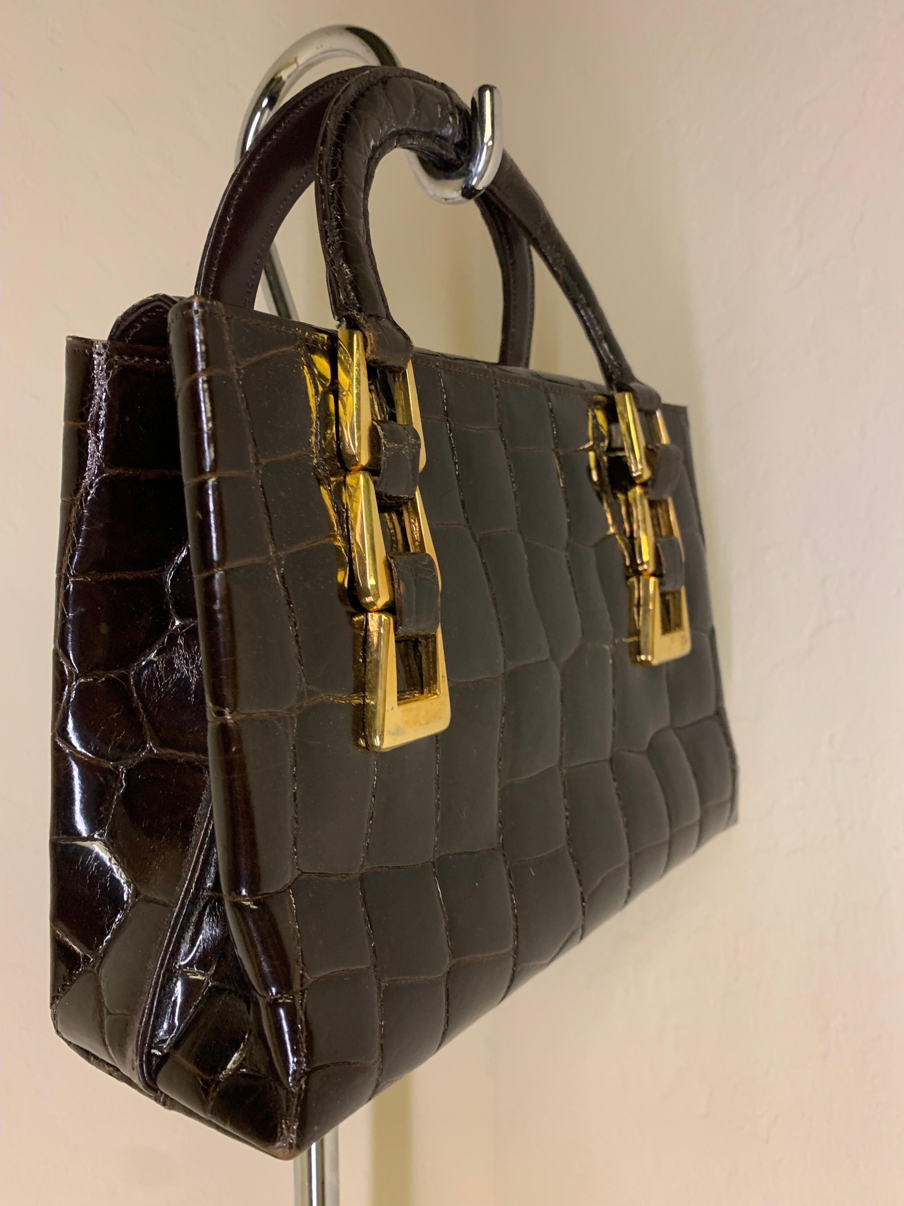 1960s Saks Fifth Avenue Deep Brown Alligator Tote Bag w/ Triple Buckle Detail In Excellent Condition In Gresham, OR