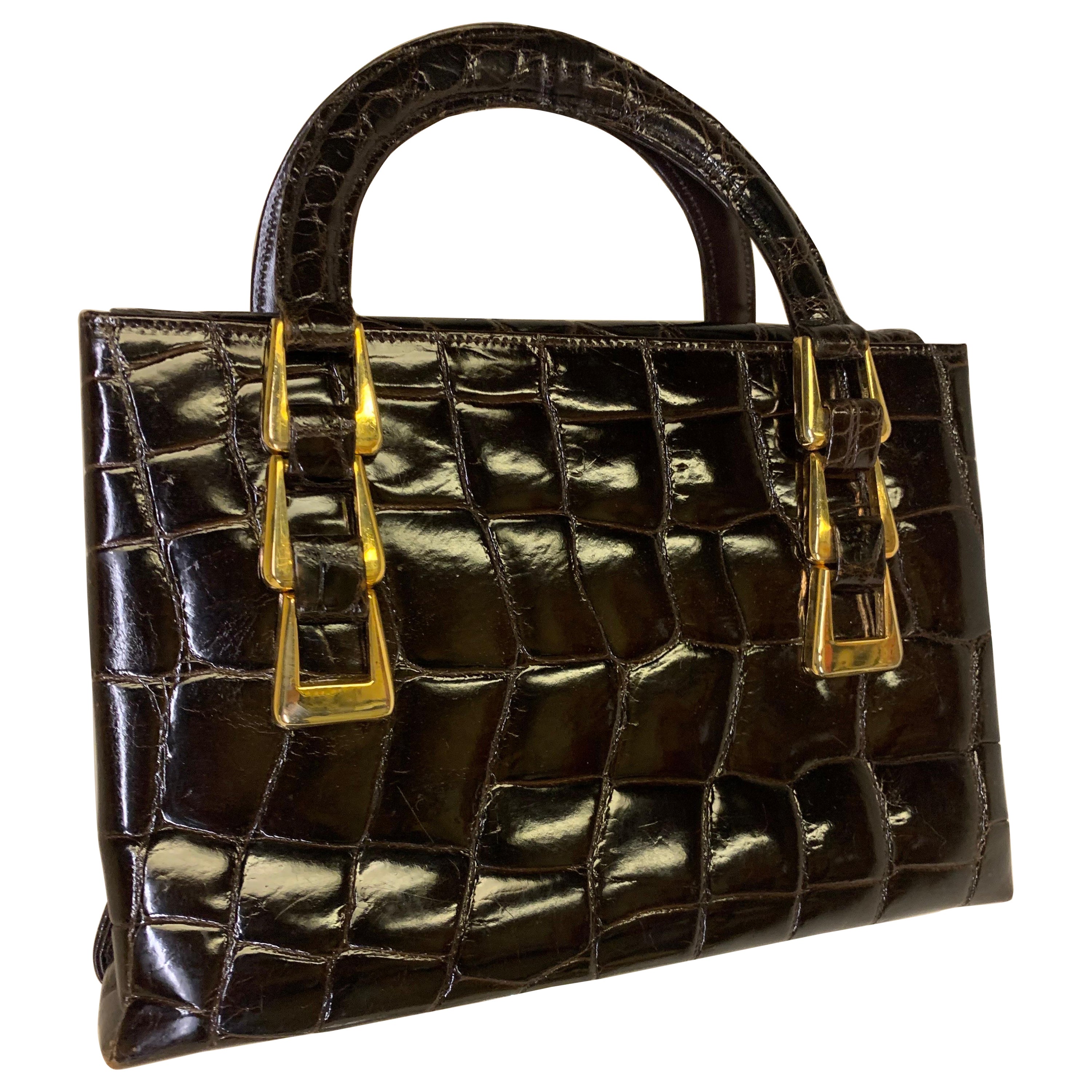 1960s Saks Fifth Avenue Deep Brown Alligator Tote Bag w/ Triple Buckle Detail