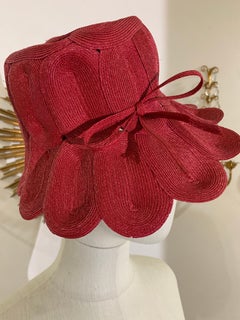 1960s Saks Fifth Avenue Magenta Straw Scalloped Brim Hat w Bow At Front